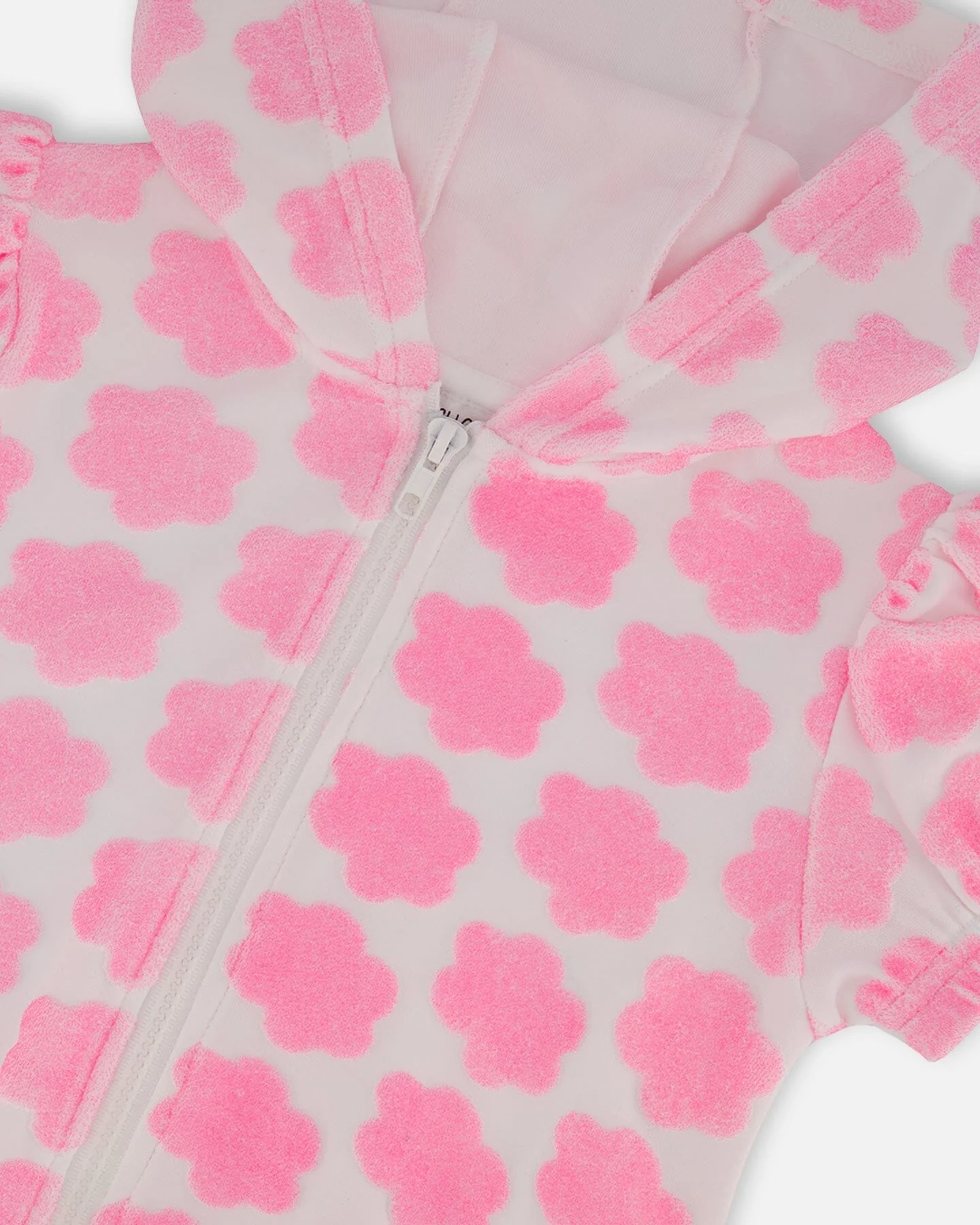 Printed Terry Short Sleeve Hoodie Cardigan Vibrant Pink And White - Deux par Deux
