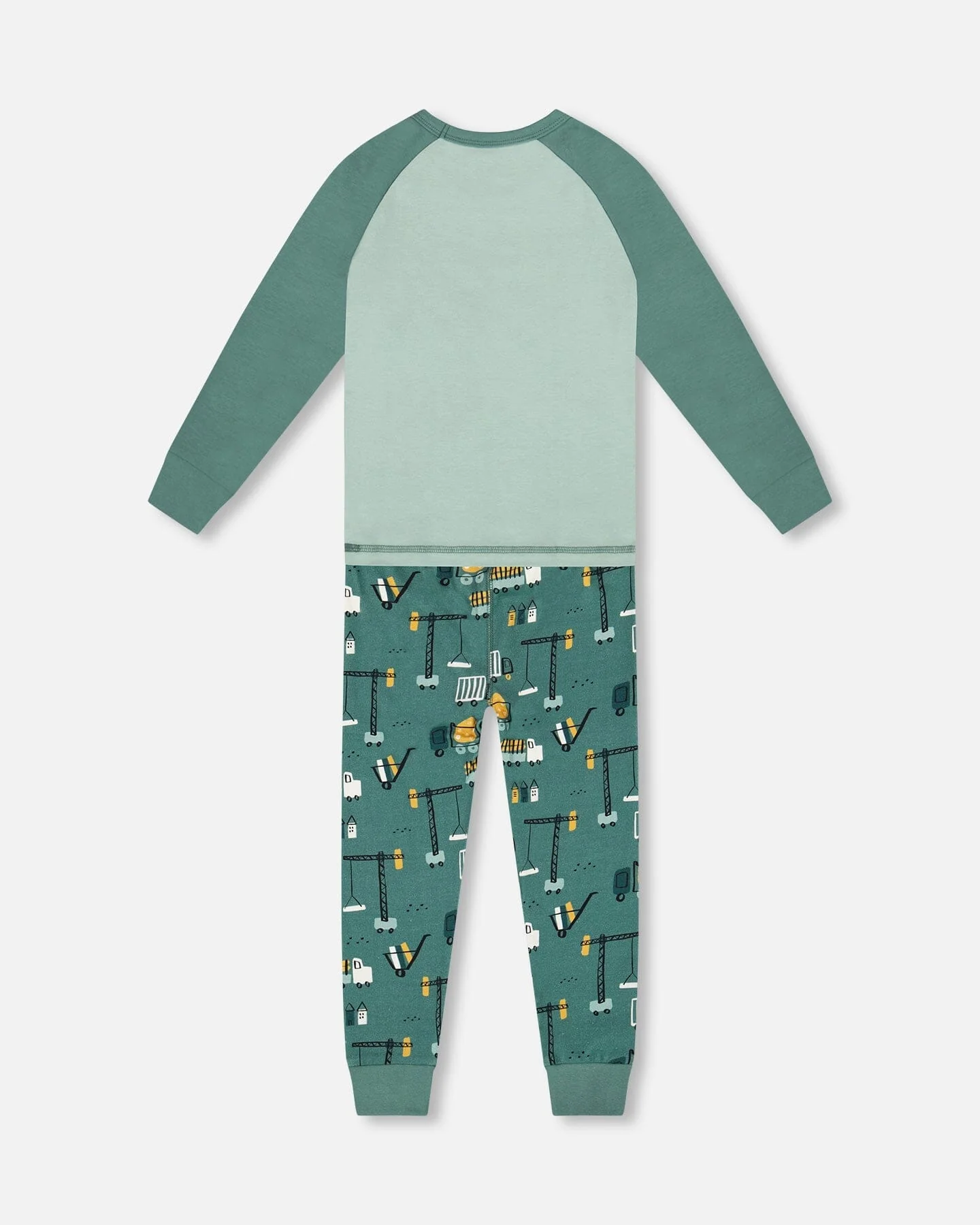 Two-Piece Organic Cotton Pajama Set Teal Construction Print - Deux par Deux
