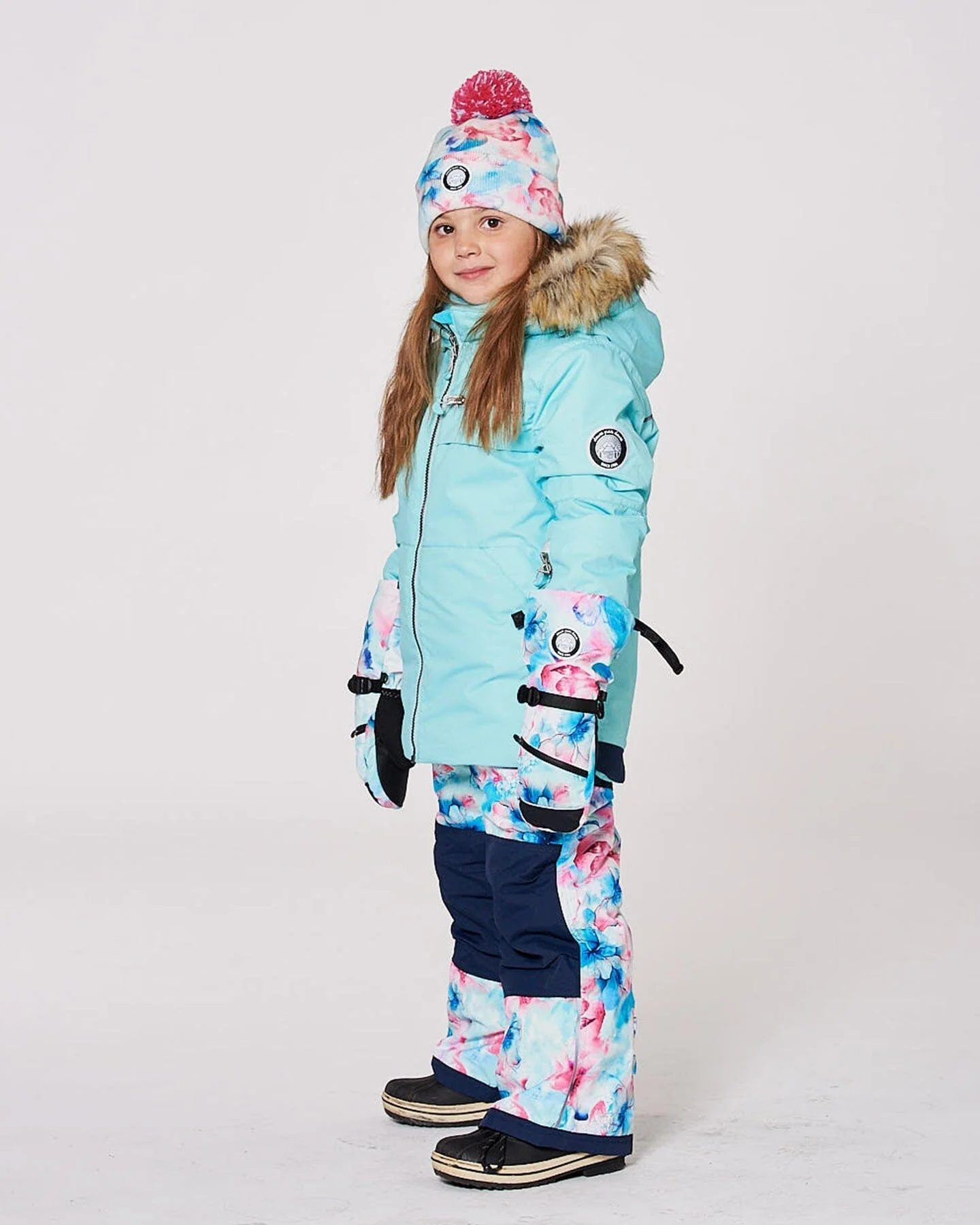 Lined Knit Pompom Hat Blue Flower Print - Deux par Deux