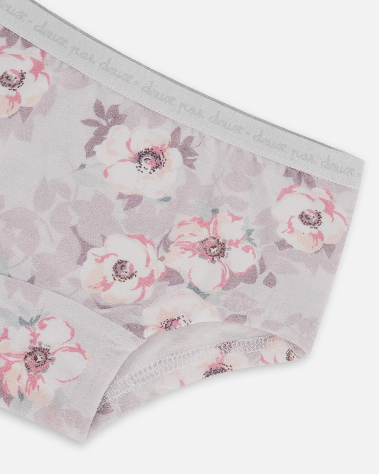 Printed Organic Cotton Boyshort Panty Pale Pink Flowers On Neutral Lilac - Deux par Deux