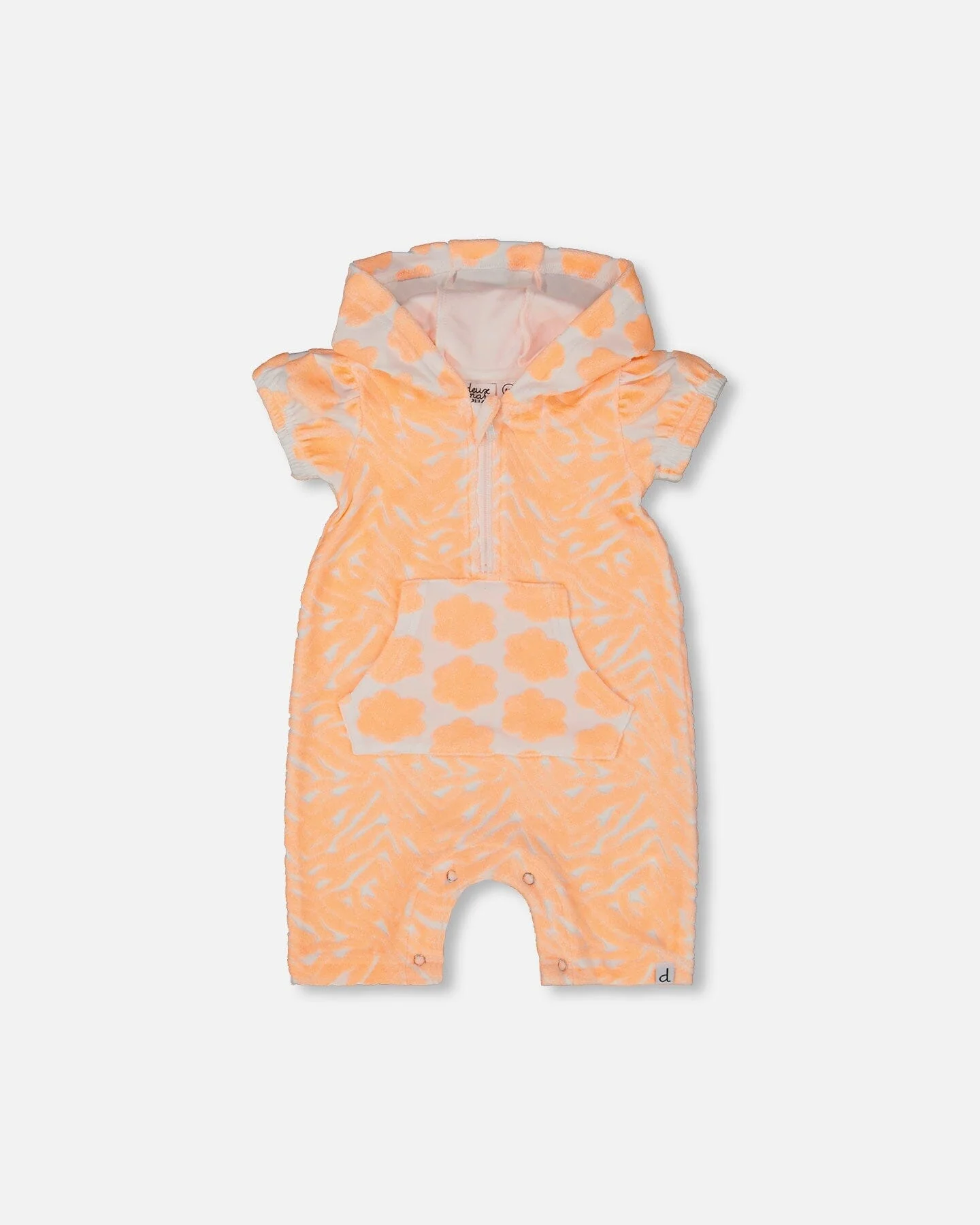 Printed Terry Romper With Hood Vibrant Orange And White - Deux par Deux