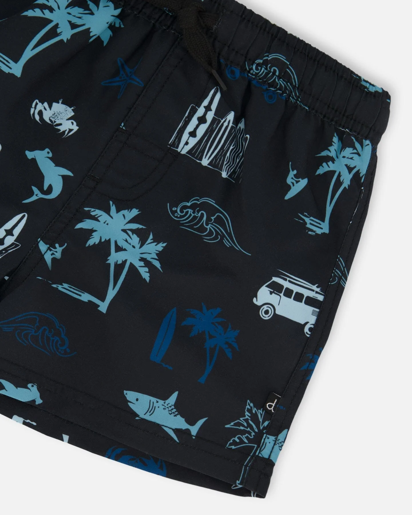Printed Swim Trunks Light Blue Beach On Black - Deux par Deux