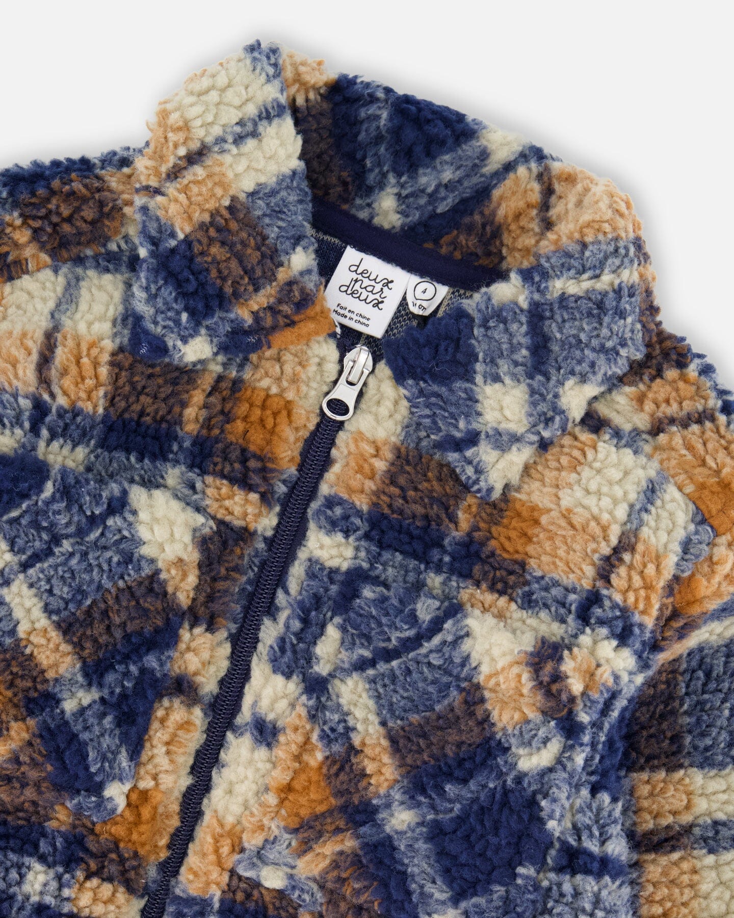 Sherpa Long Sleeve Zip Front Overshirt Blue And Brown Plaid - Deux par Deux