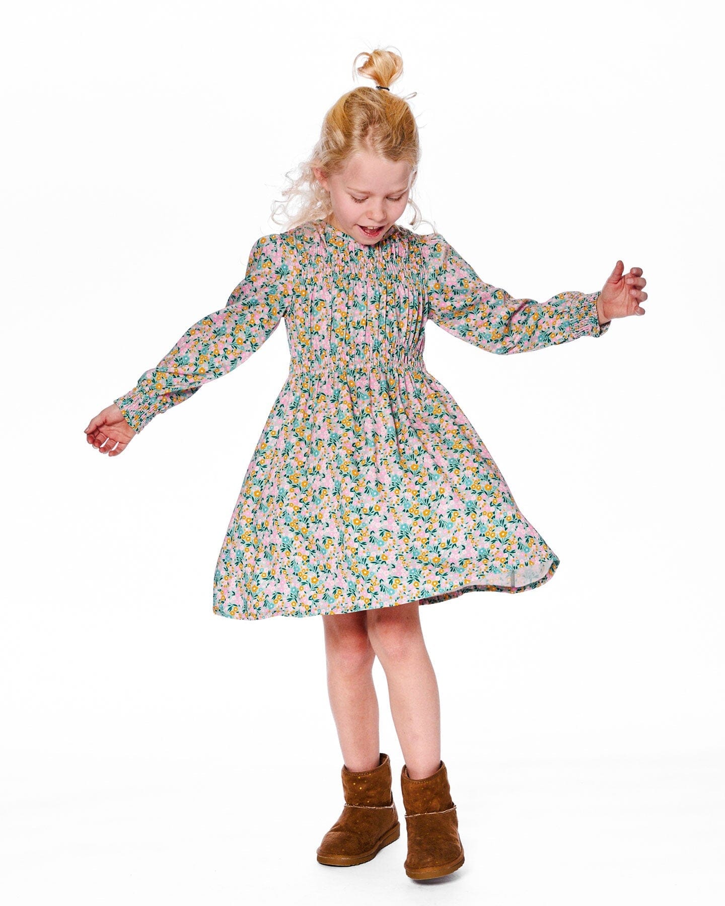 Smocked Viscose Dress Green With Floral Print - Deux par Deux