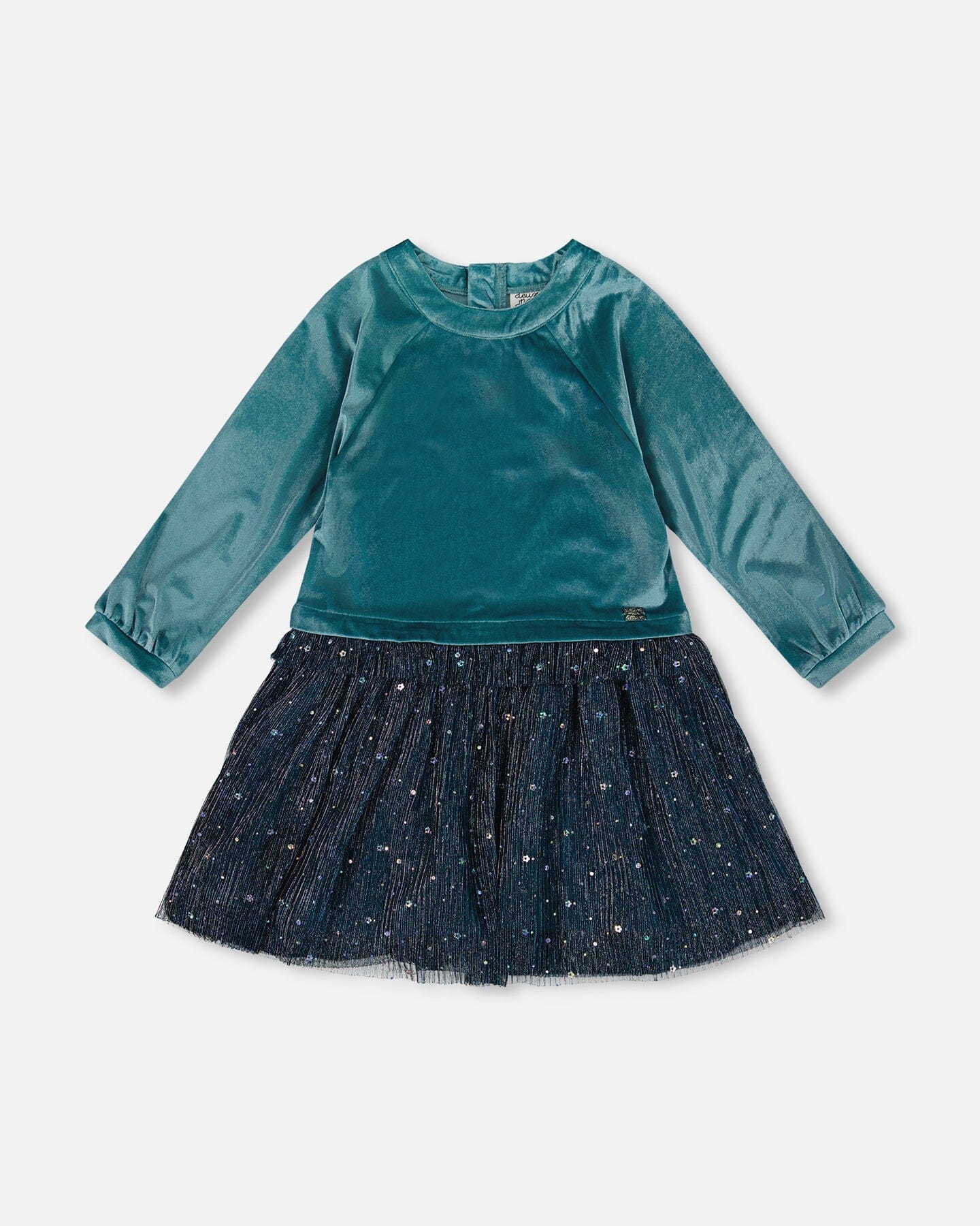 Long Sleeve Bi-Material Velvet And Pleated Mesh Dress Teal Blue - Deux par Deux