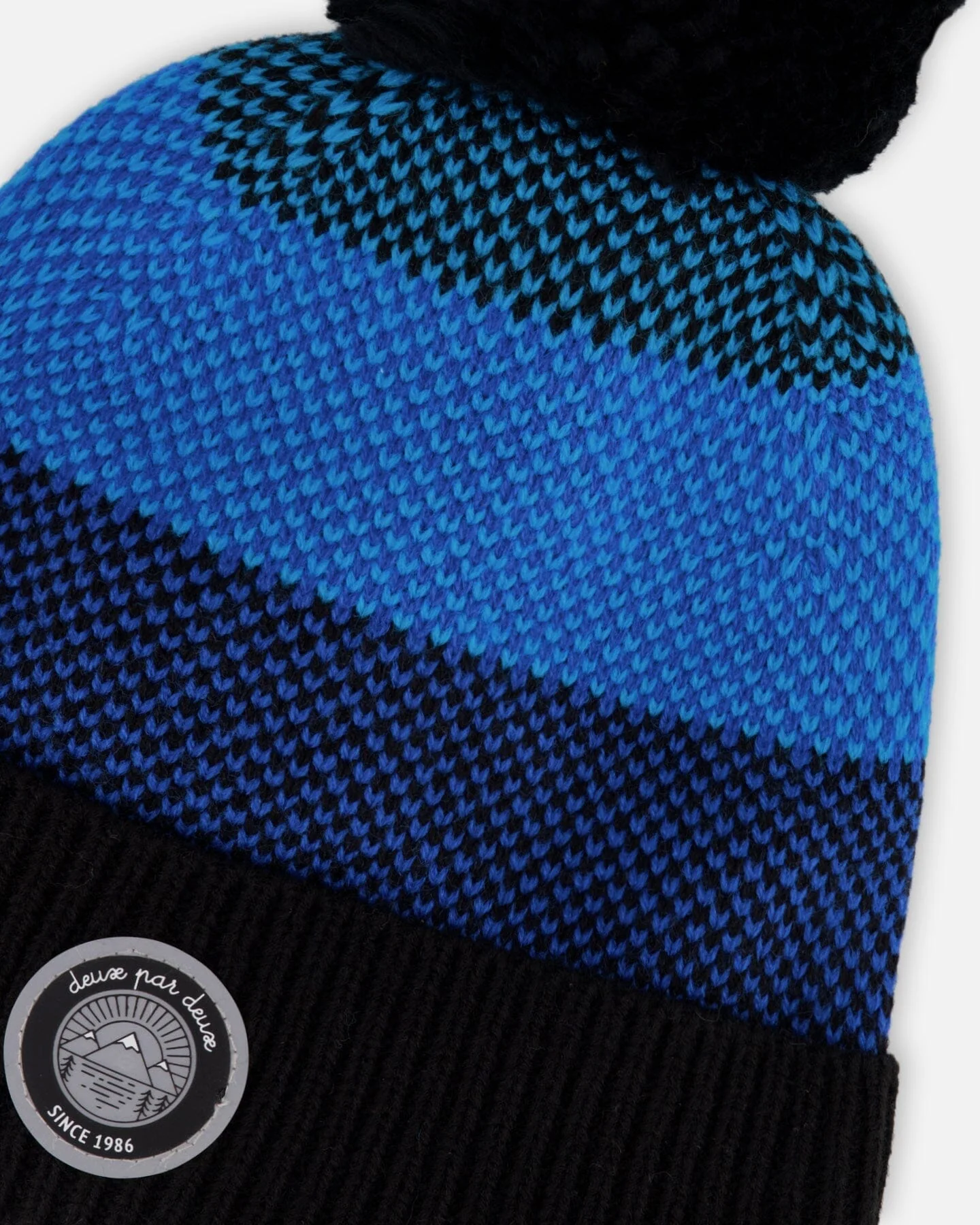 Winter Knit Hat With Pompom And Lining Black And Blue - Deux par Deux