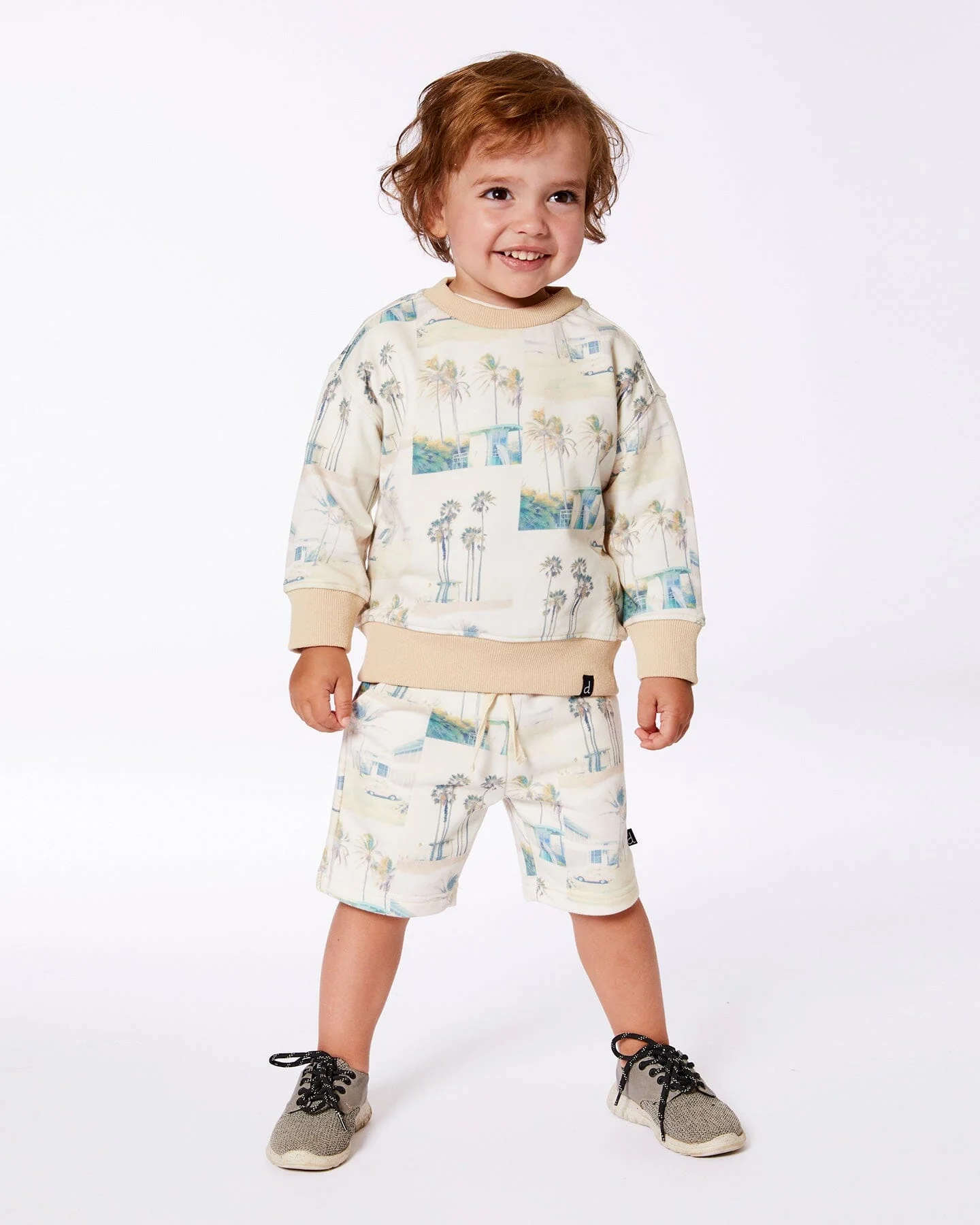 Printed Pullover Sweatshirt Beige Palm Tree And Teal - Deux par Deux