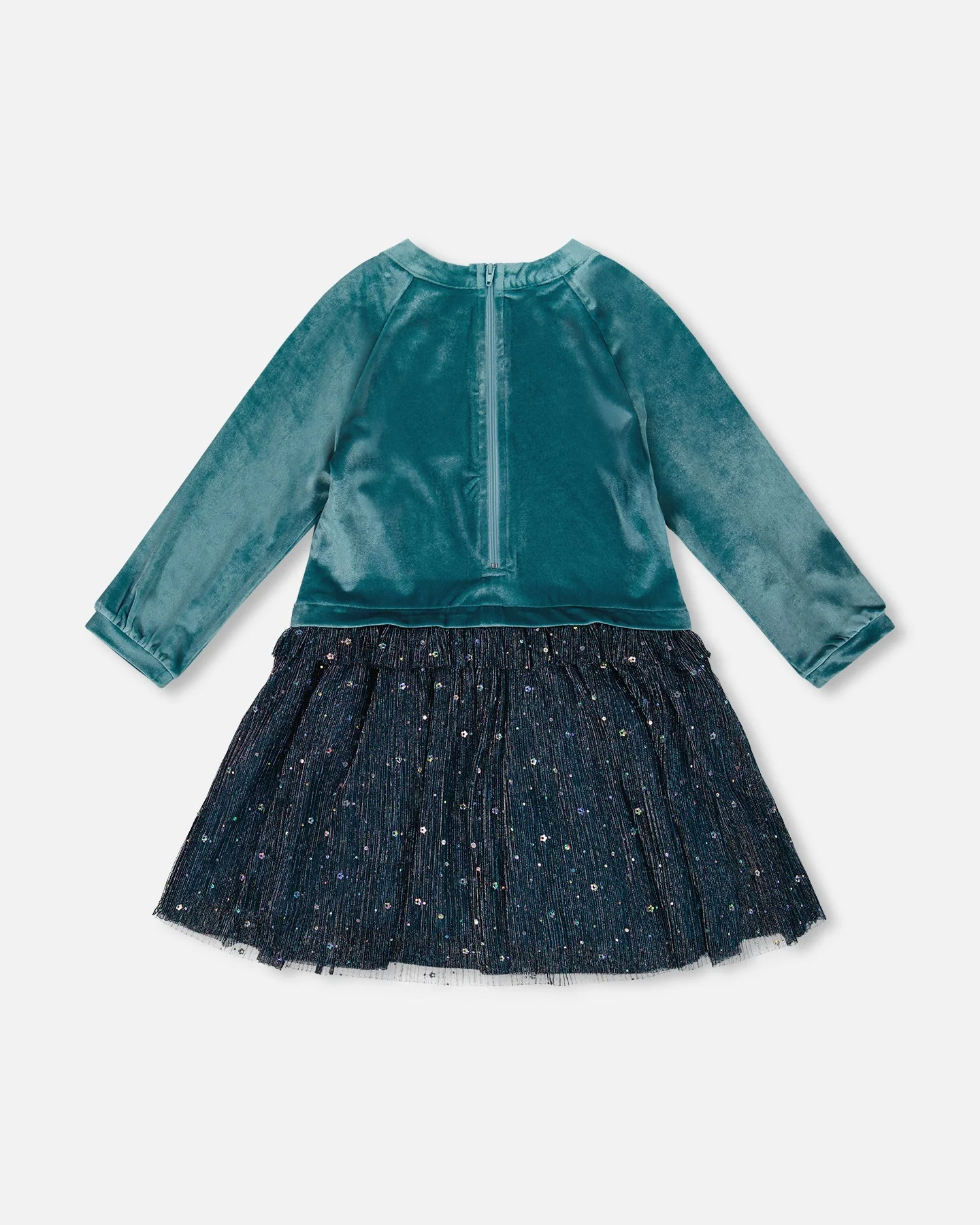 Long Sleeve Bi-Material Velvet And Pleated Mesh Dress Teal Blue - Deux par Deux