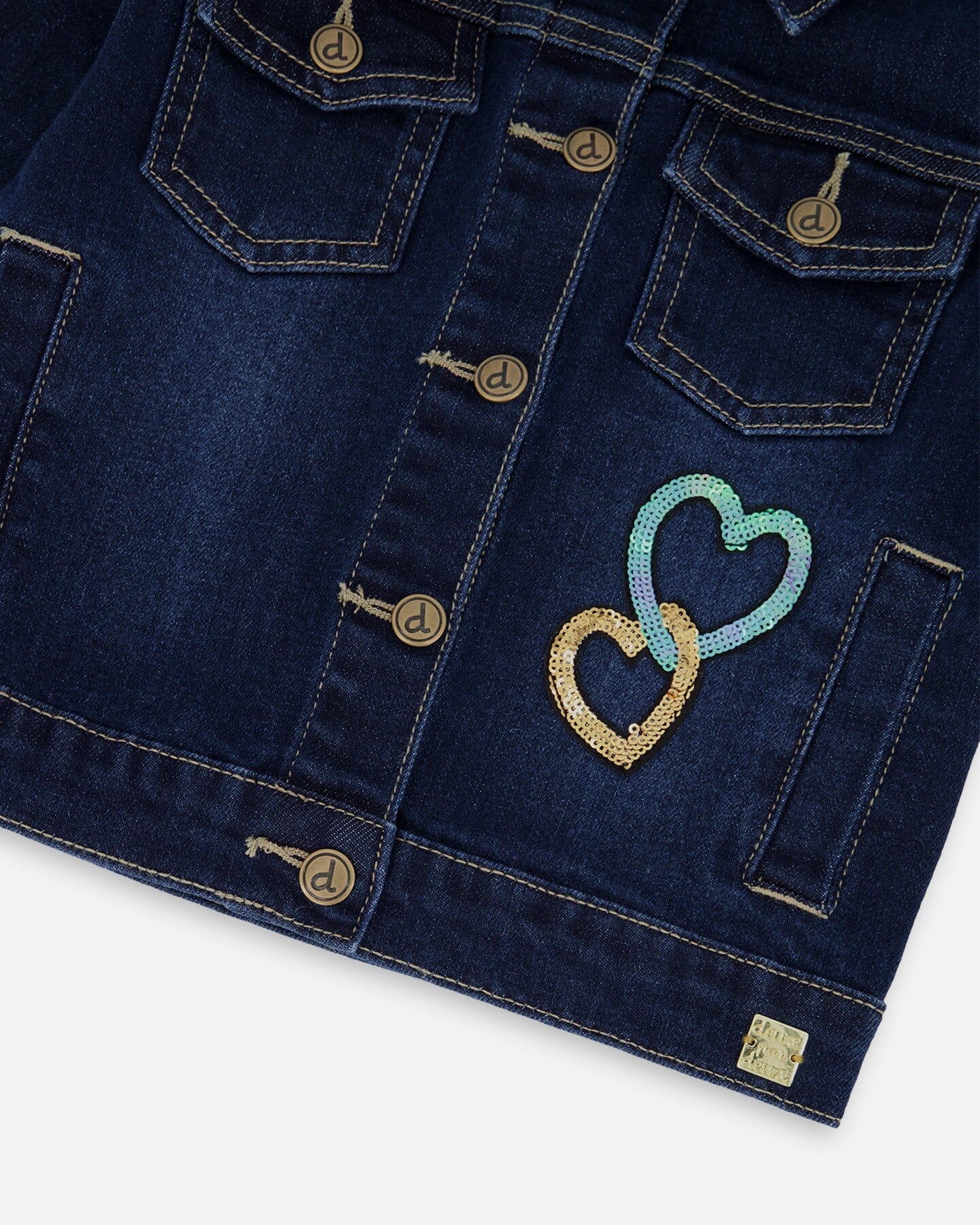 Stretch Denim Jacket Dark Blue With Glittery Hearts And Unicorn - Deux par Deux