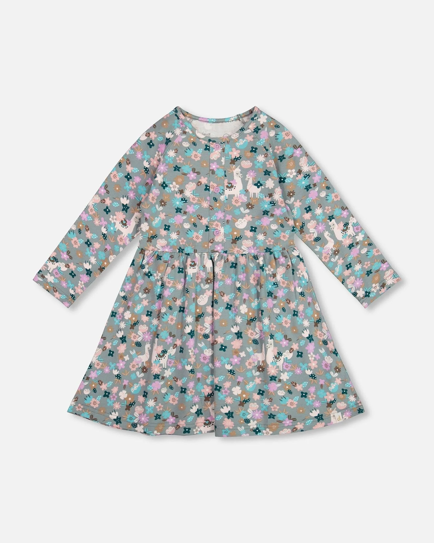 Half Button Organic Cotton Dress Blue Llama Print - Deux par Deux
