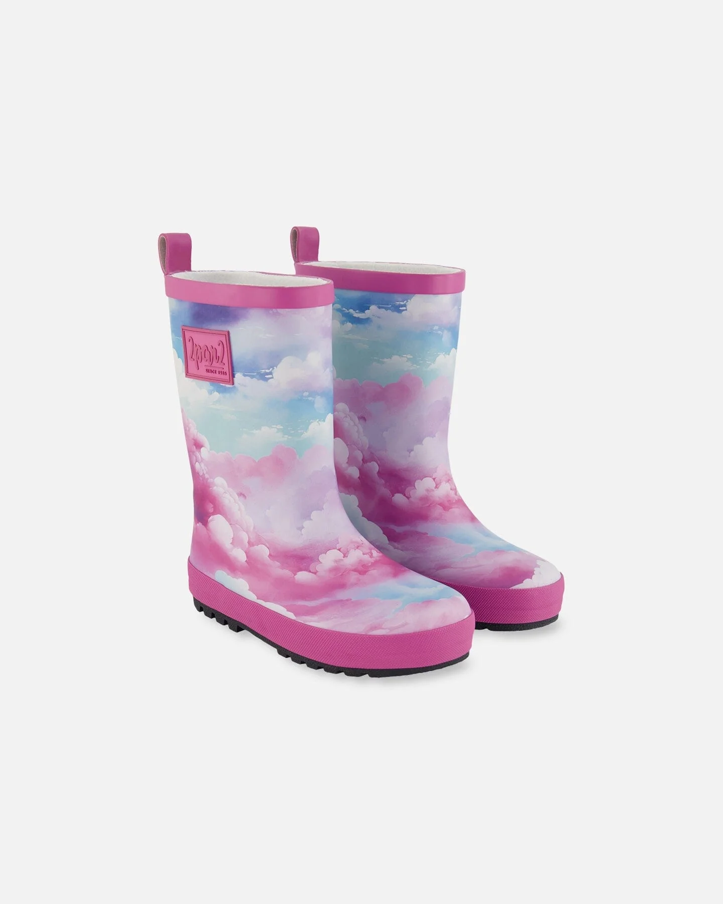 Printed Rain Boots Multicolored And Vibrant Pink Background - Deux par Deux
