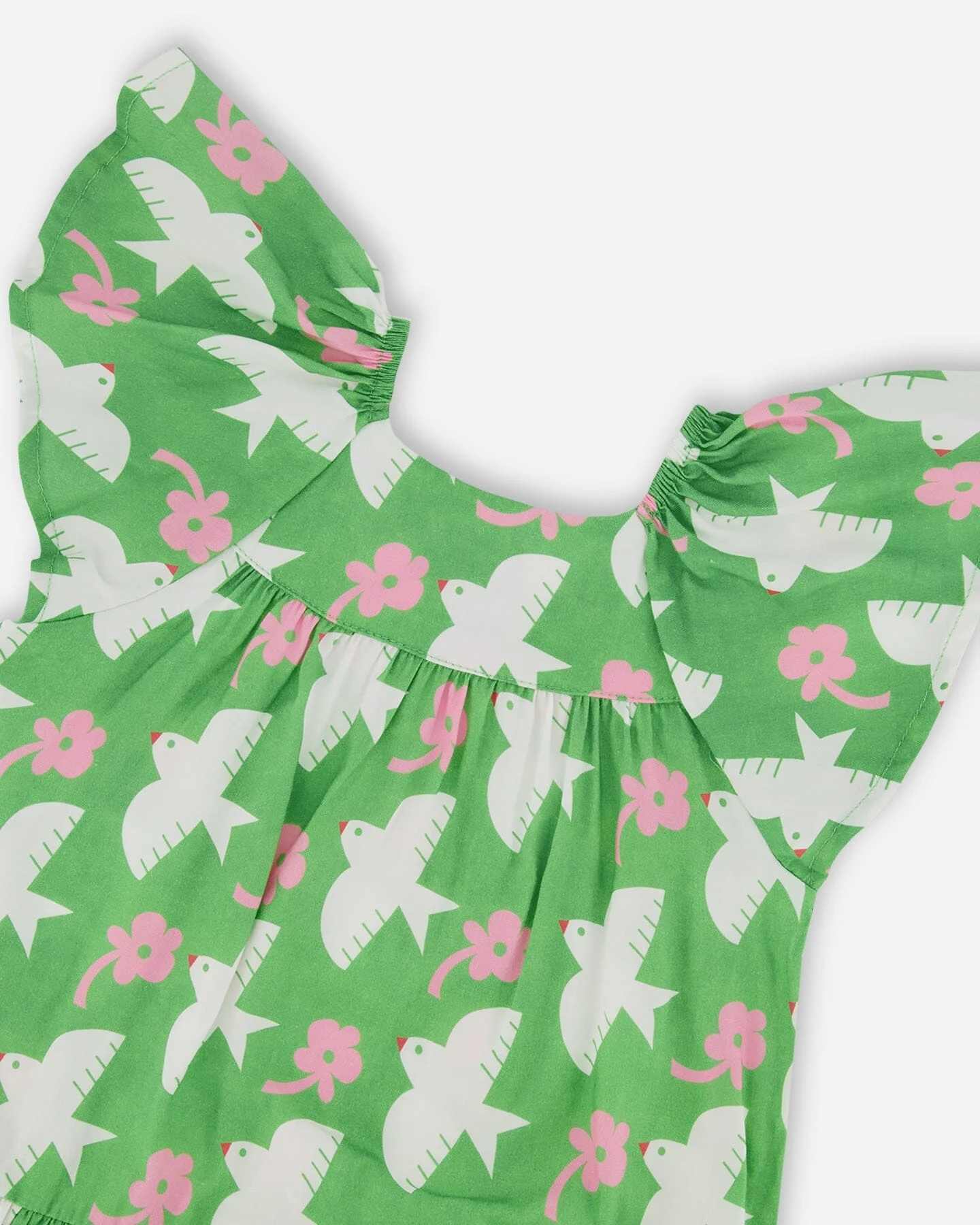 Printed Dress With Flounce Sleeves Green With White And Pink Bird - Deux par Deux