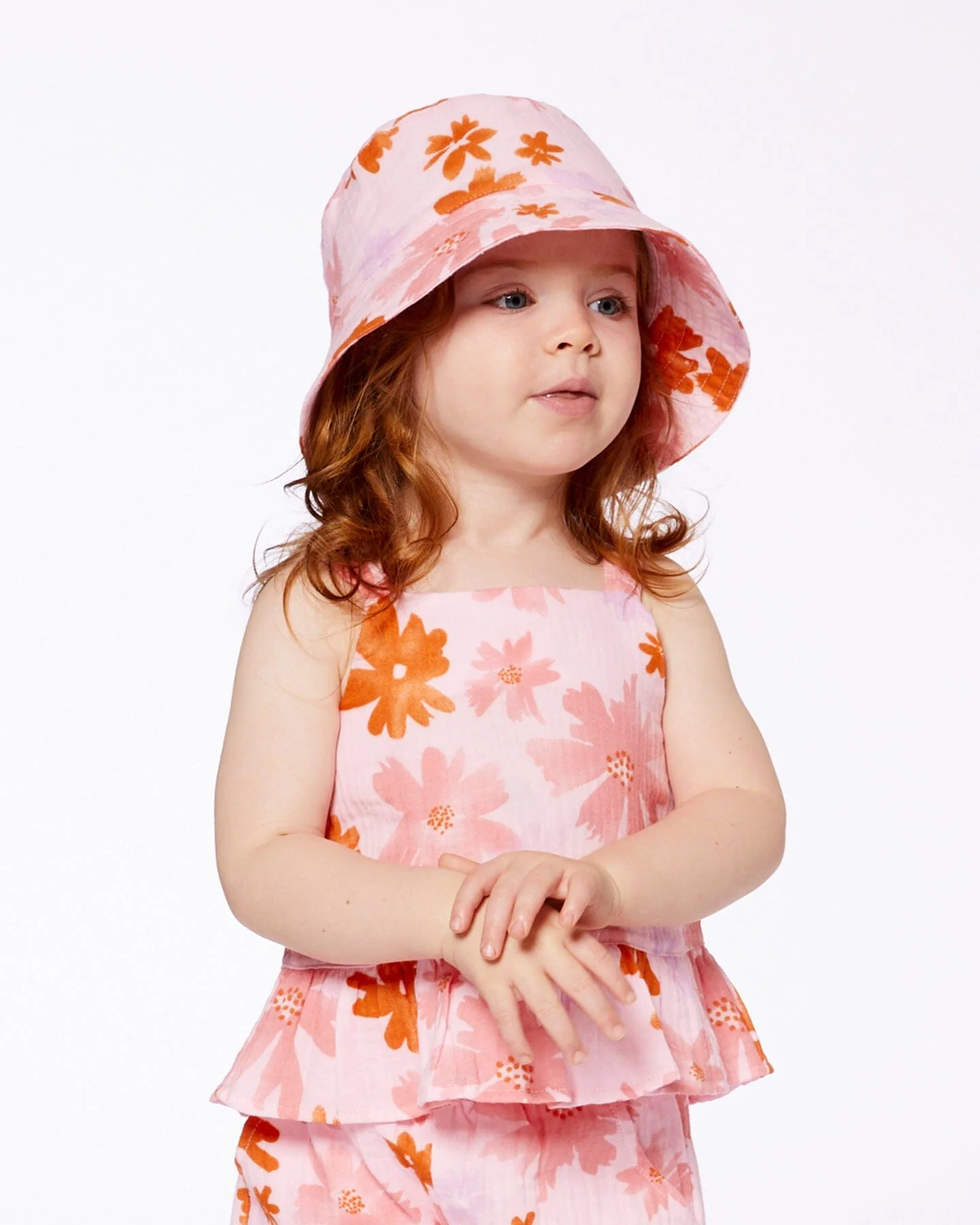 Printed Muslin Bucket Hat Pink And Coral Flowers - Deux par Deux