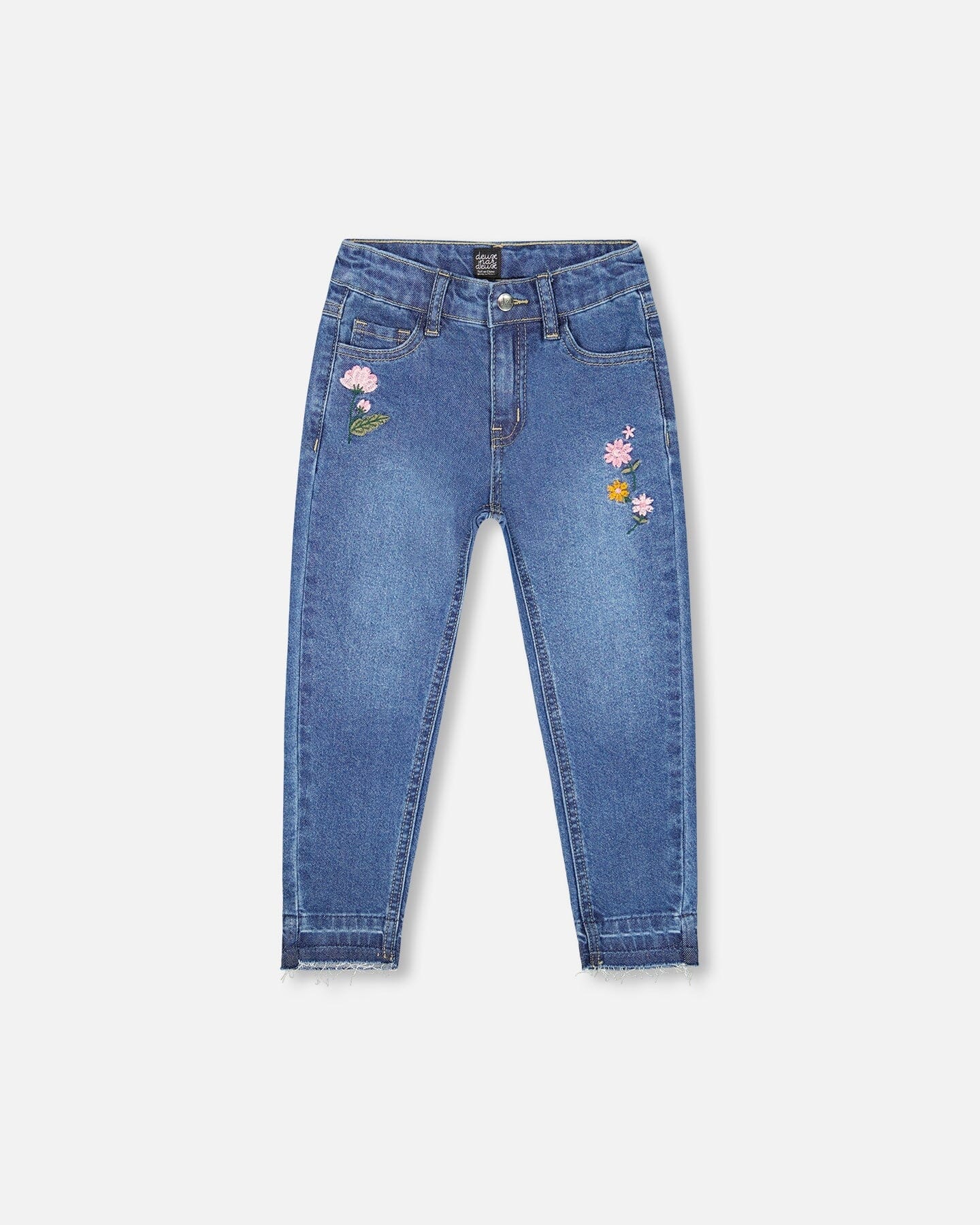 Jeans Blue Denim With Frayed Hems And Floral Embroideries - Deux par Deux