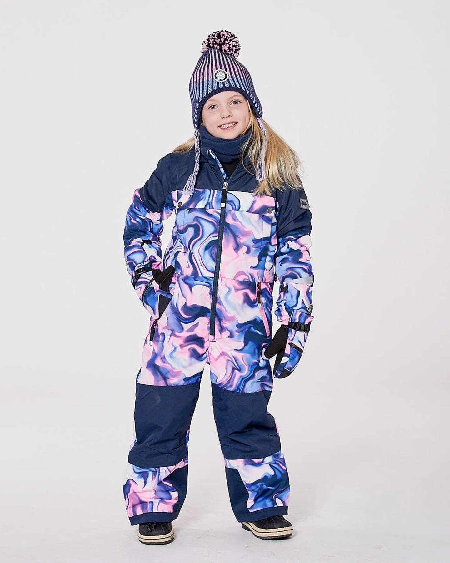 One-Piece Teknik Snowsuit Pink And Blue Marble - Deux par Deux