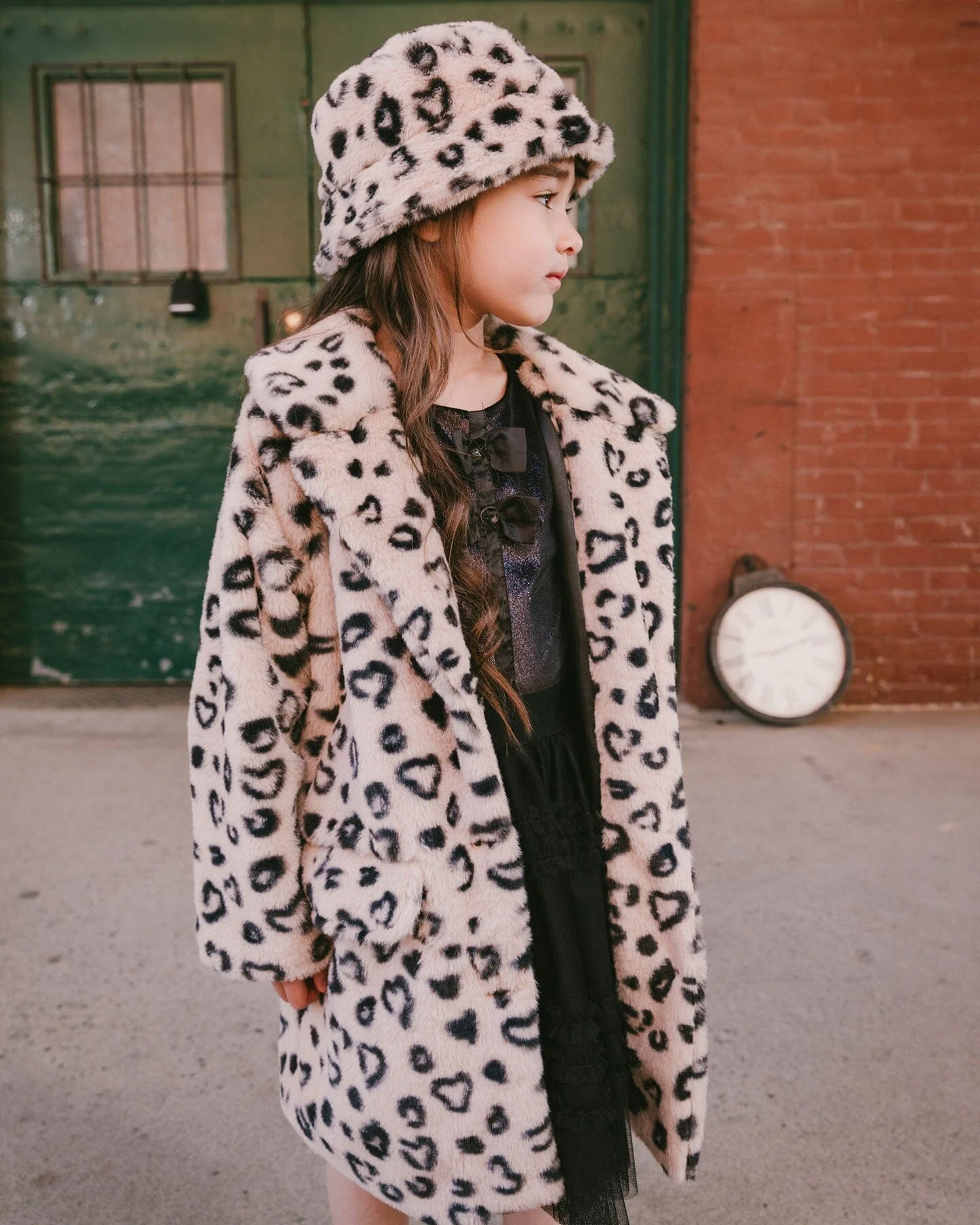 Printed Fake Fur Long Coat Black And Beige Leopard - Deux par Deux