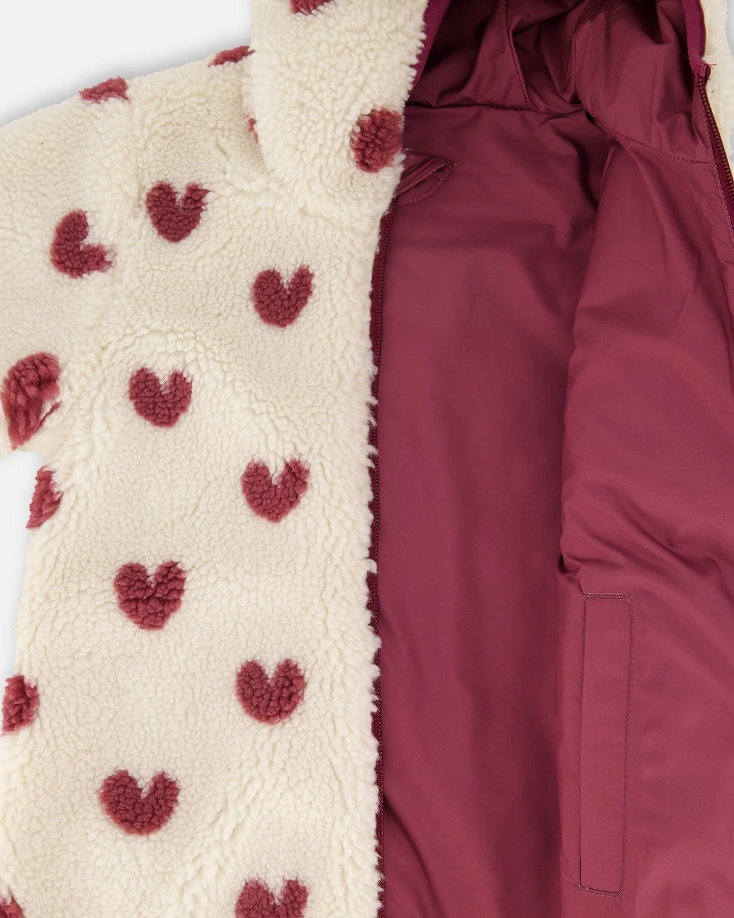 Reversible Mid-Season Sherpa Jacket Burgundy Heart - Deux par Deux