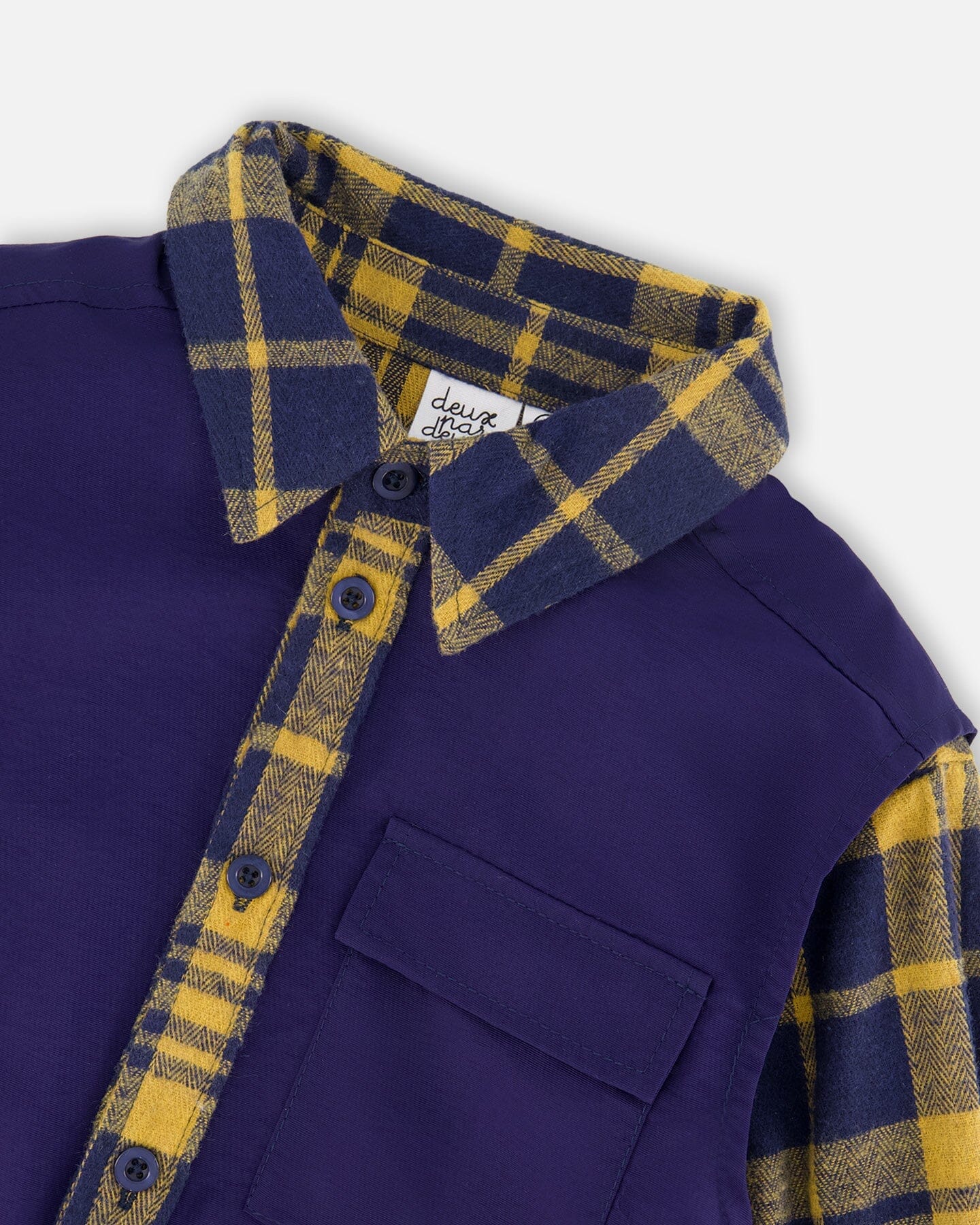 Long Sleeve Plaid Flannel Shirt With Solid Vest Blue And Ocher - Deux par Deux