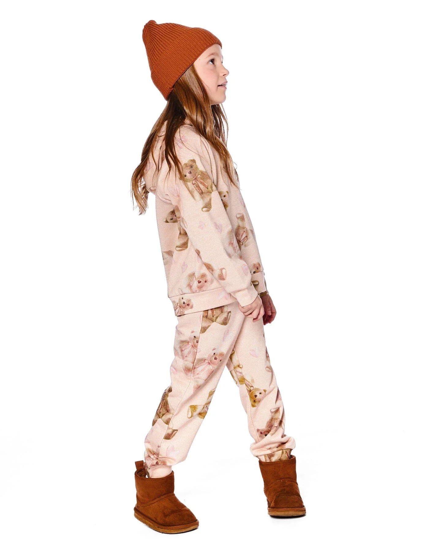 Glittering French Terry Hoodie Beige Teddy Bear Print - Deux par Deux