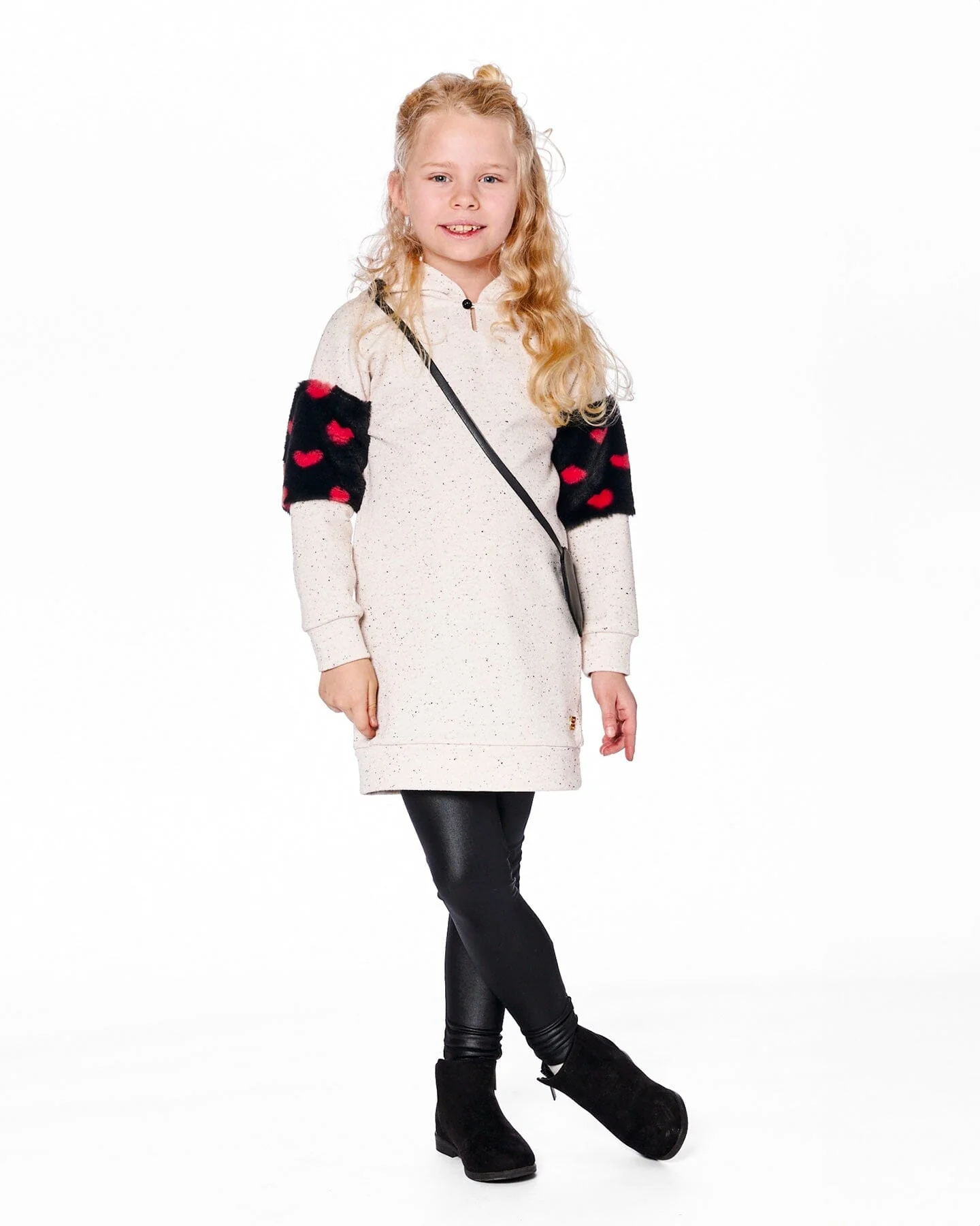 Hooded Glittering French Terry Dress Beige With Heart Bag - Deux par Deux