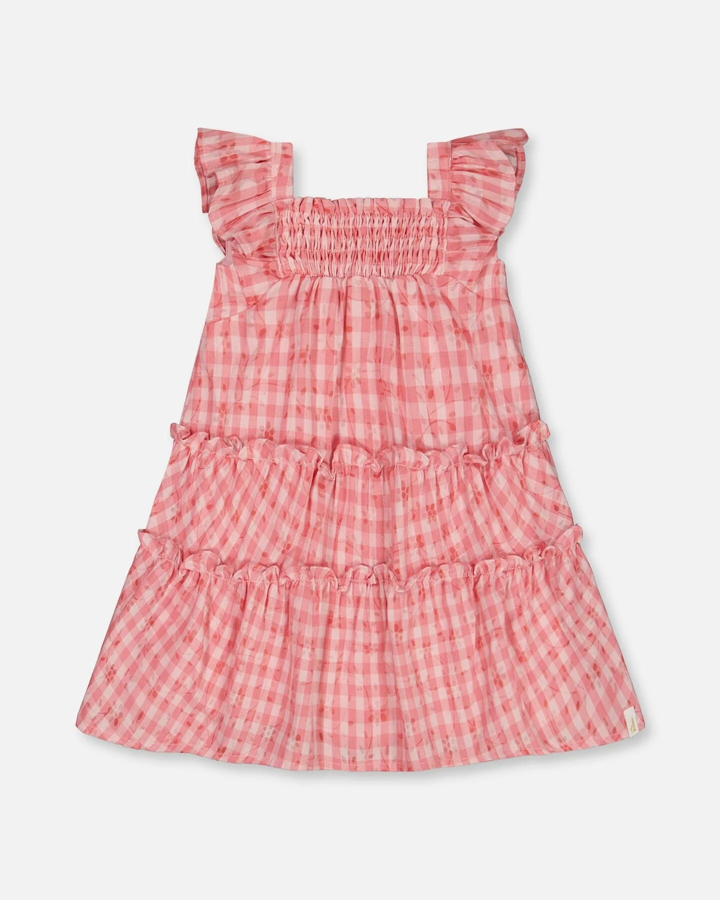 Smocked Layered Dress With Frill Sleeve Checked Pink - Deux par Deux