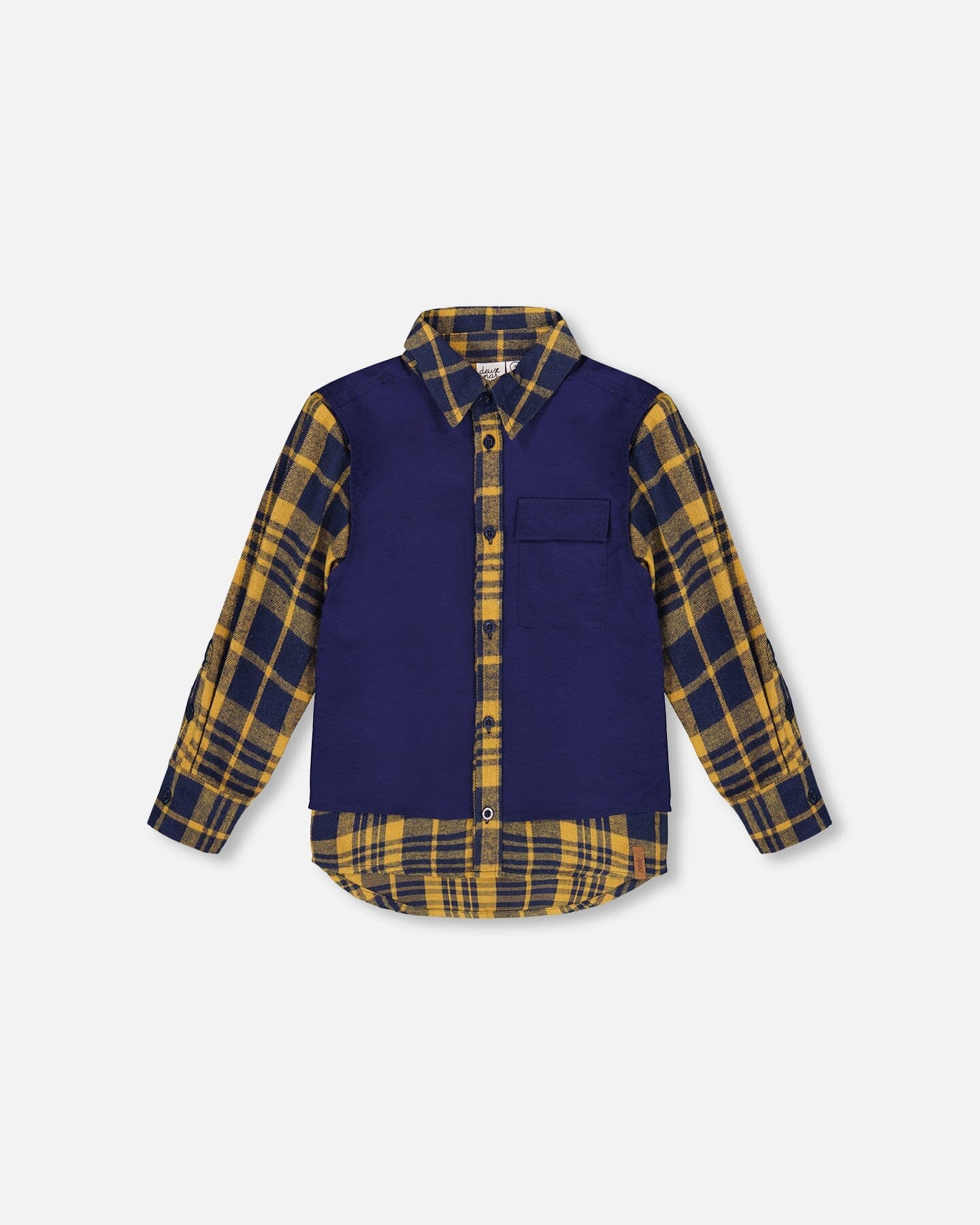 Long Sleeve Plaid Flannel Shirt With Solid Vest Blue And Ocher - Deux par Deux