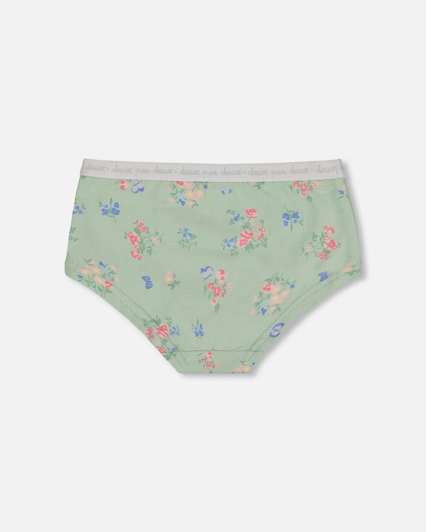 Printed Organic Cotton Boyshort Panty Small Pink And Blue Flowers On Light Sage - Deux par Deux