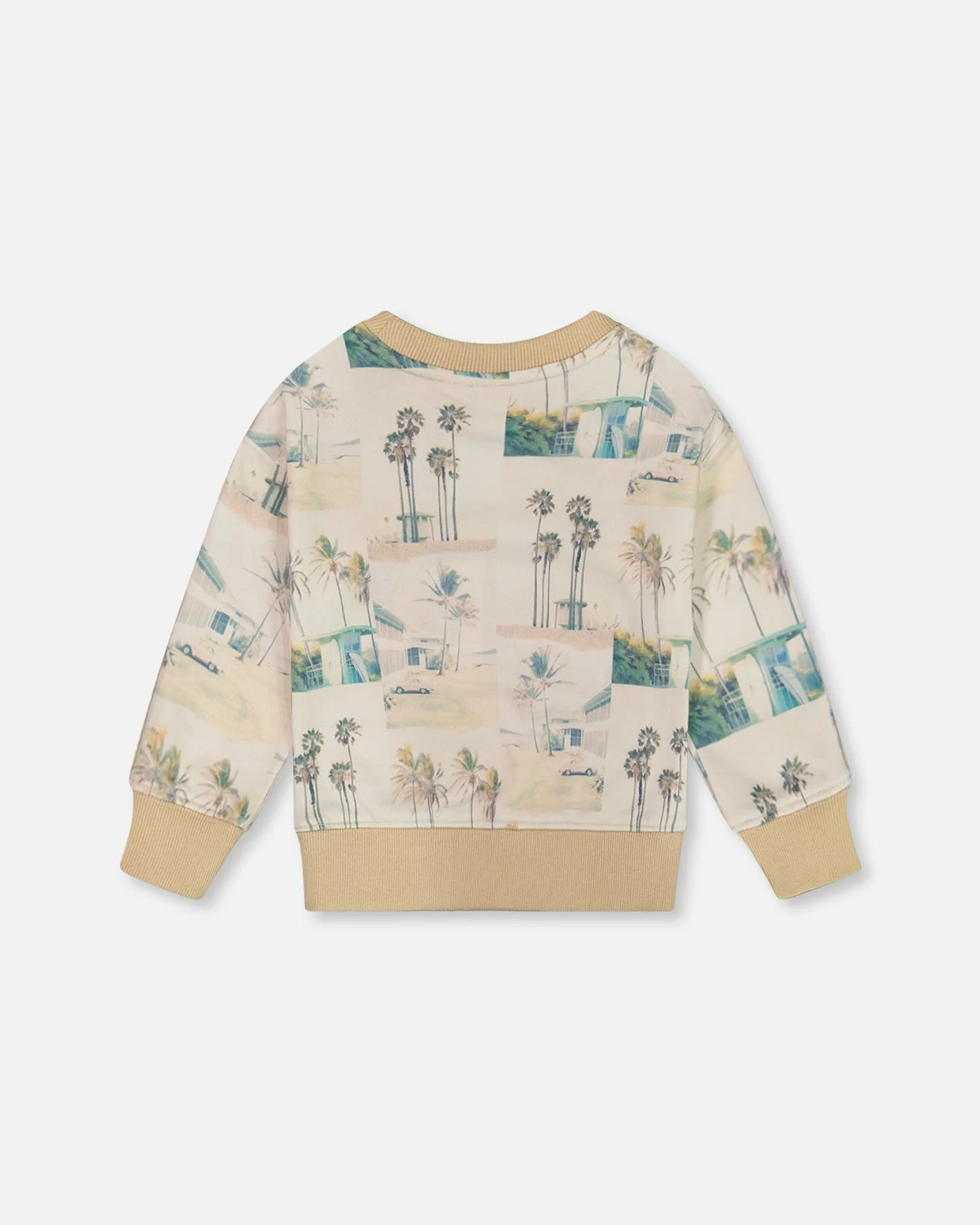 Printed Pullover Sweatshirt Beige Palm Tree And Teal - Deux par Deux