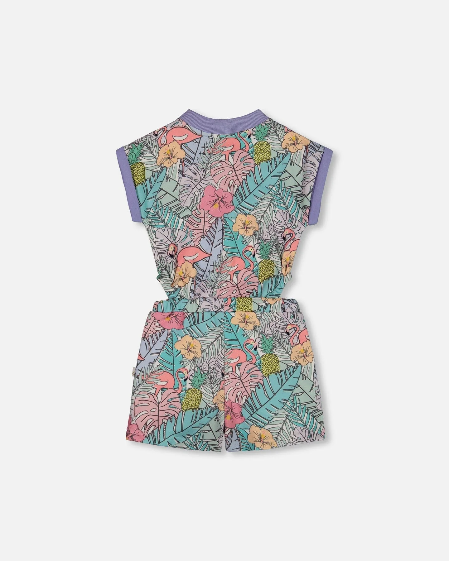Printed French Terry Romper Lilac Tropical And Pink Flamingos - Deux par Deux