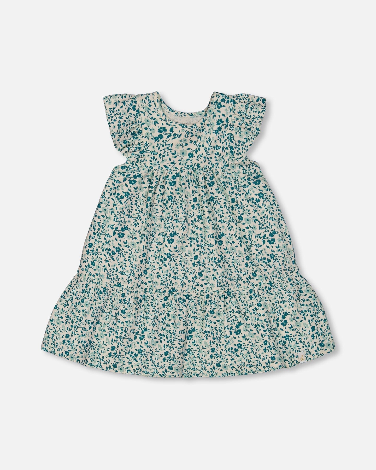 Printed Organic Cotton Dress Small Turquoise Flowers - Deux par Deux
