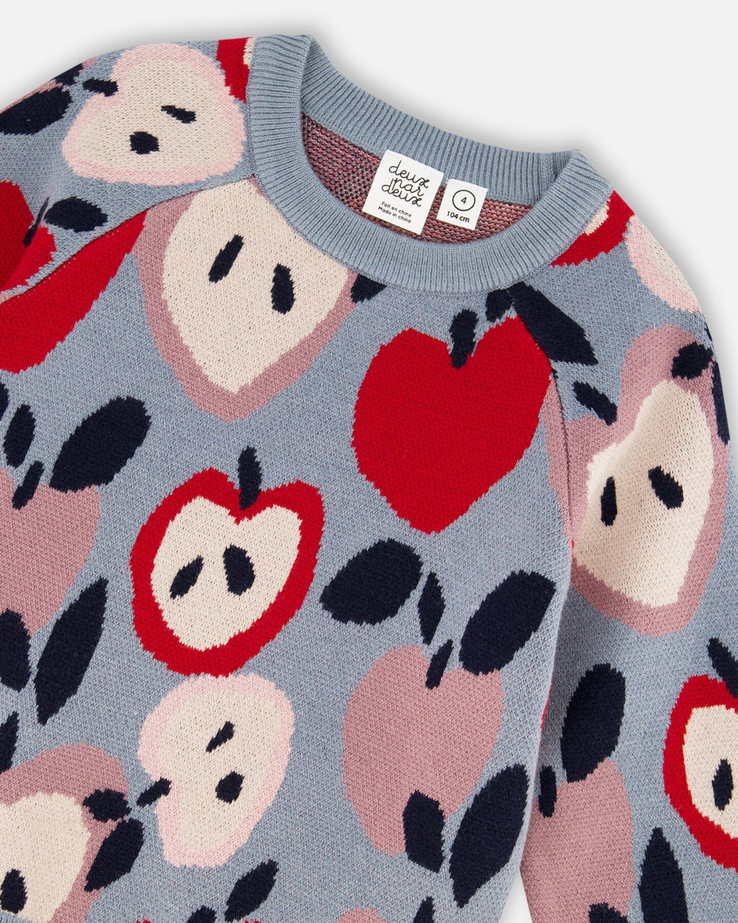 Knit Sweater Blue And Red With Apple Heart Jacquard - Deux par Deux