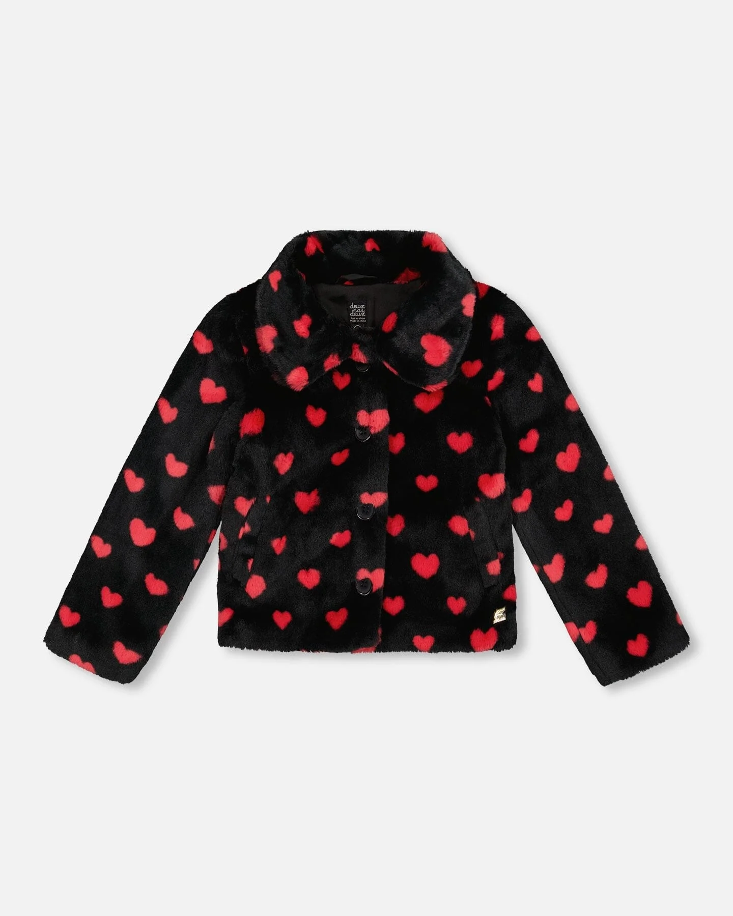 Faux Fur Short Coat Black And Red With Hearts - Deux par Deux