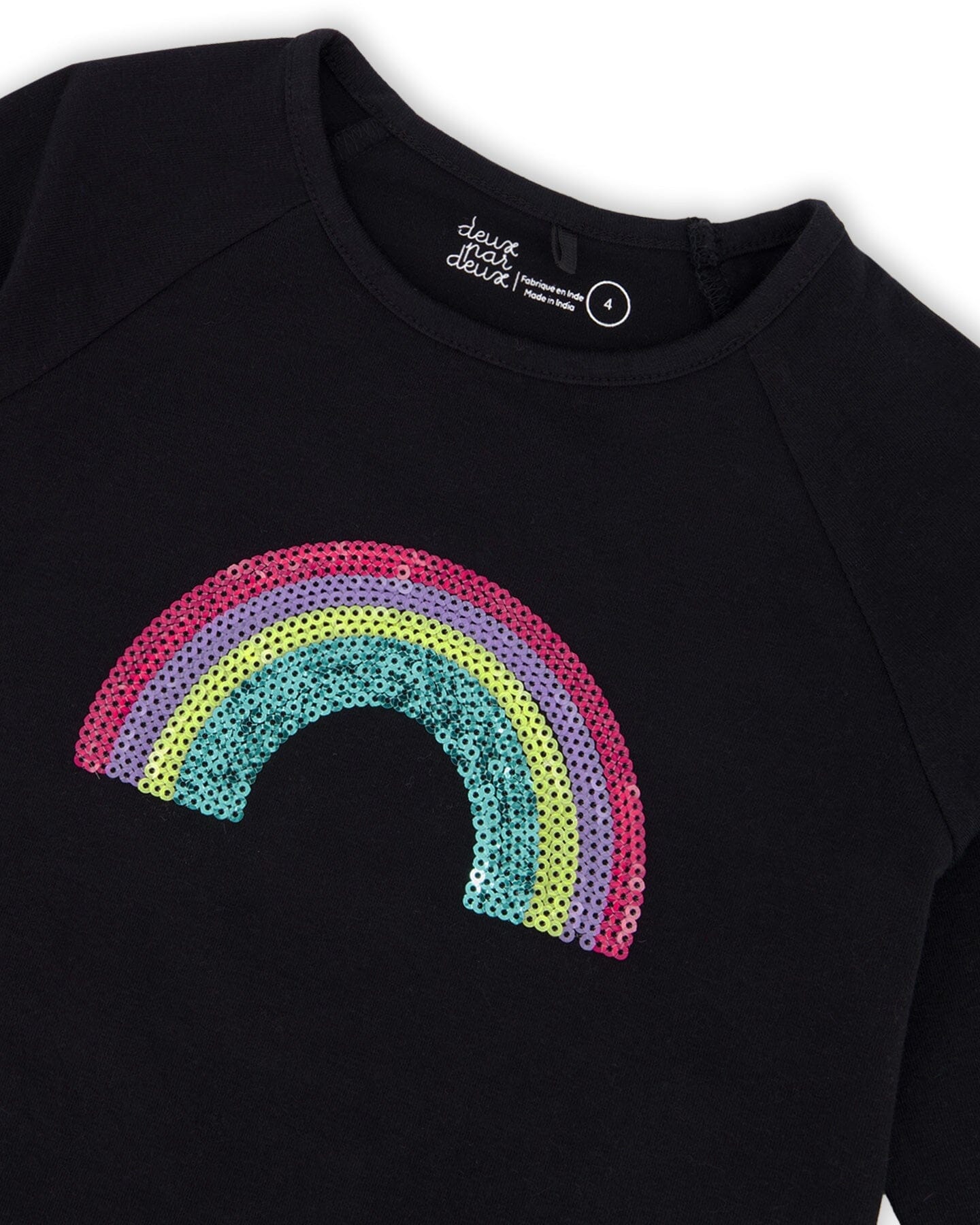 Organic Cotton Long Sleeve T-Shirt Black With Sequin Rainbow - Deux par Deux