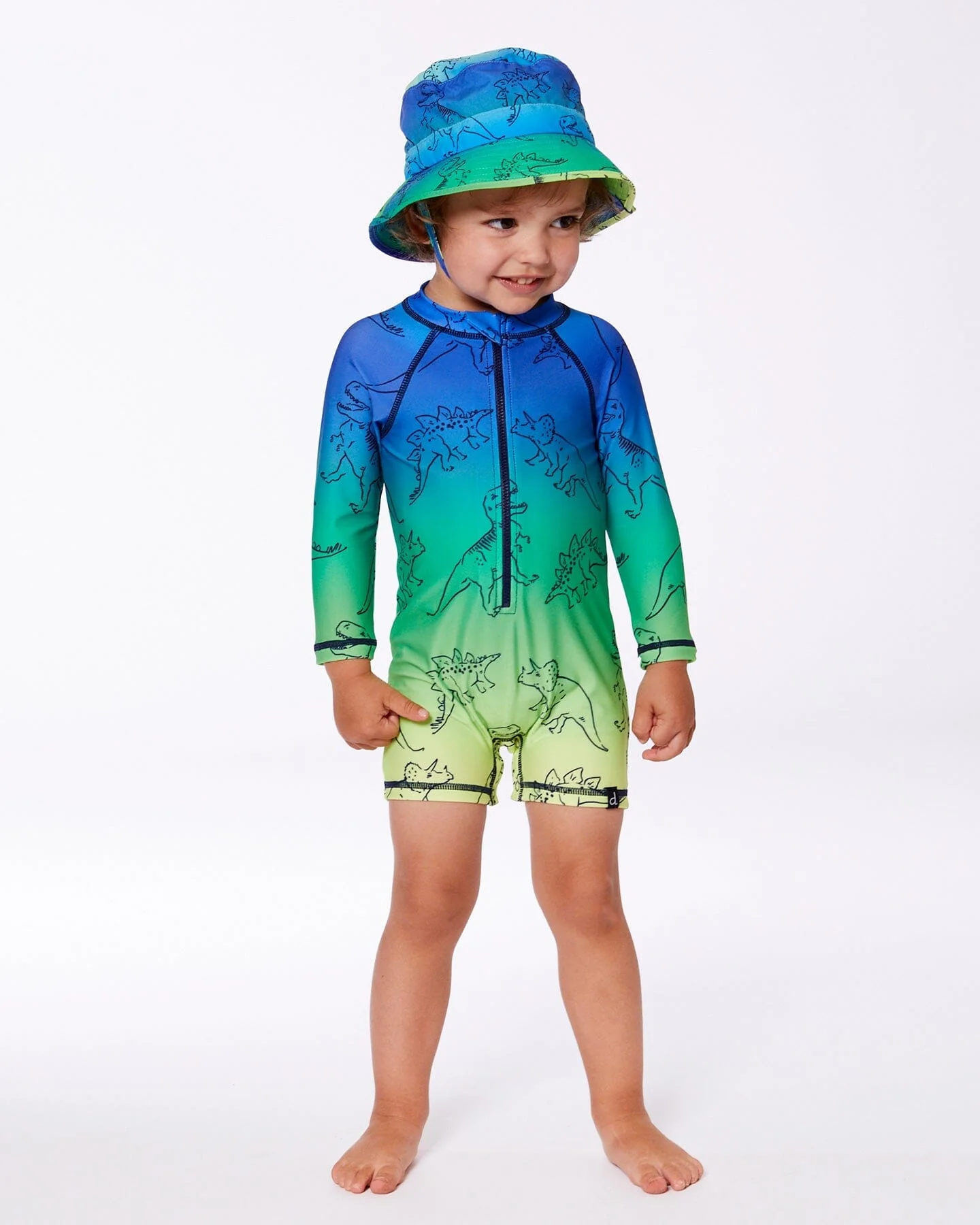 Printed Long Sleeve One-Piece Rashguard Vibrant Blue And Green Dino - Deux par Deux