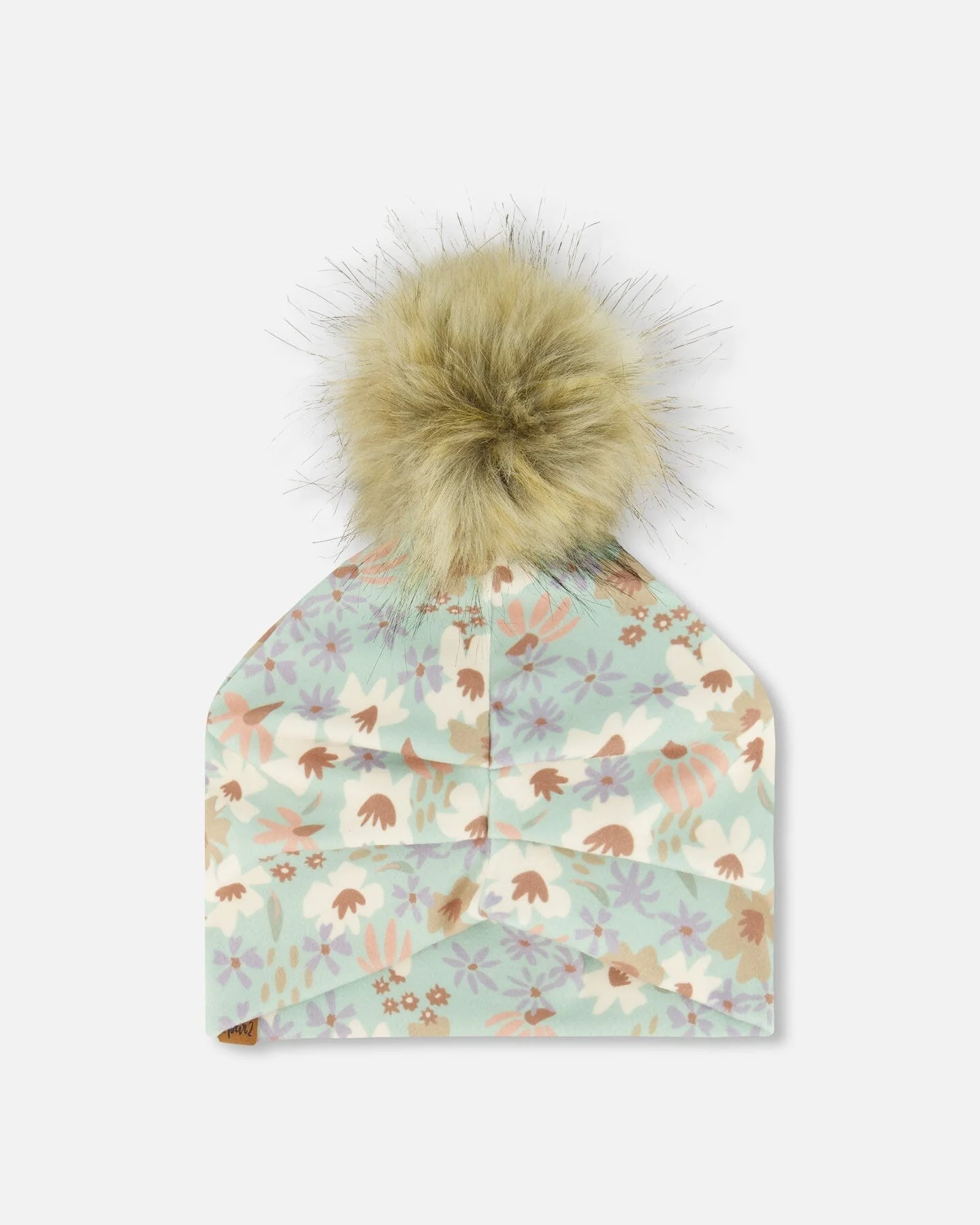 Printed Jersey Detachable Pompom Hat Small White Flowers On Turquoise And Lilac - Deux par Deux