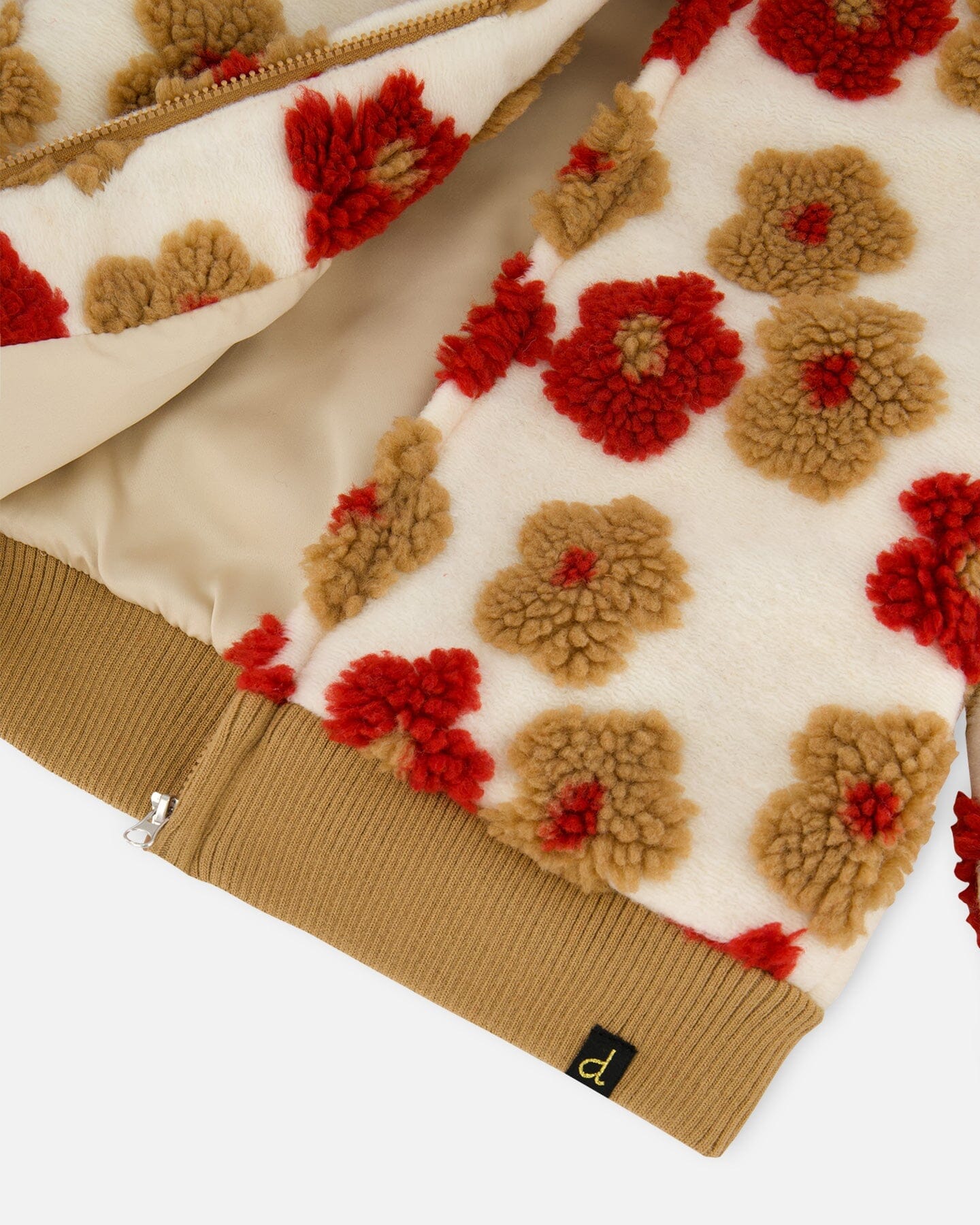 Full Zip Sherpa Jacket With Jacquard Floral Pattern Beige And Red - Deux par Deux