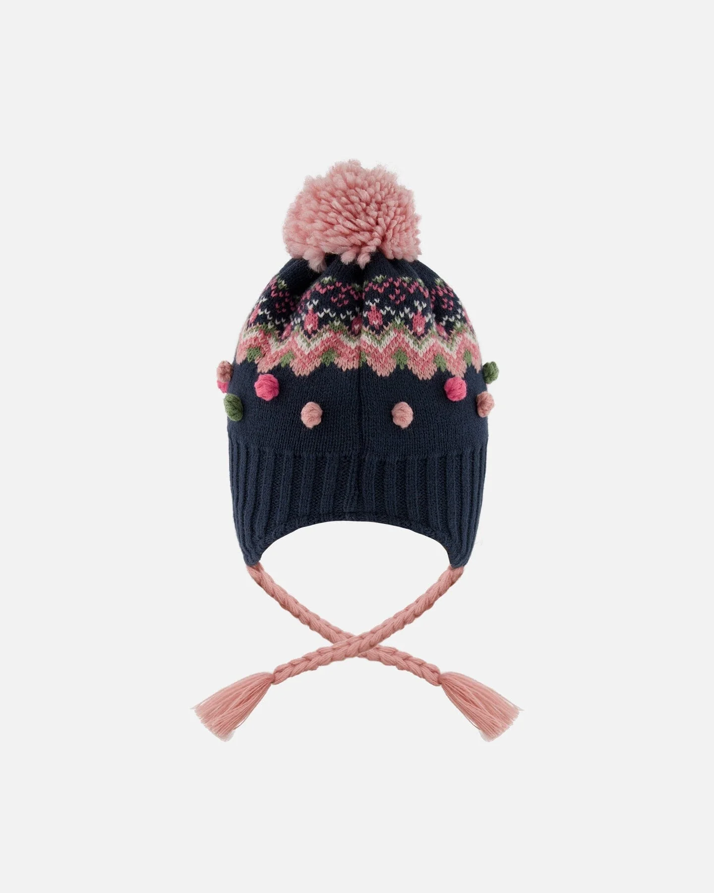 Lined Peruvian Knit Pompom Hat Navy Blue And Pink - Deux par Deux
