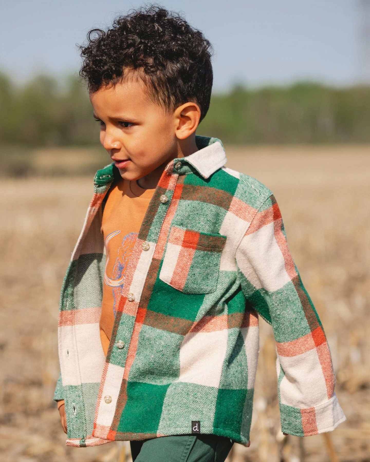 Long Sleeve Yarn Dyed Plaid Shirt Green And Orange - Deux par Deux