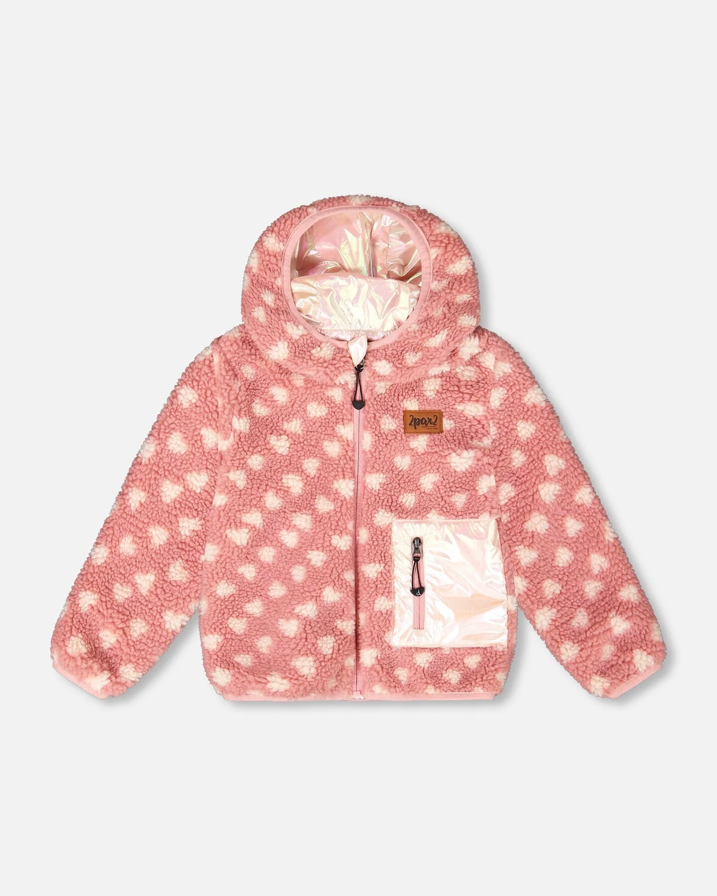 Reversible Mid-Season Sherpa Jacket Pink Heart - Deux par Deux
