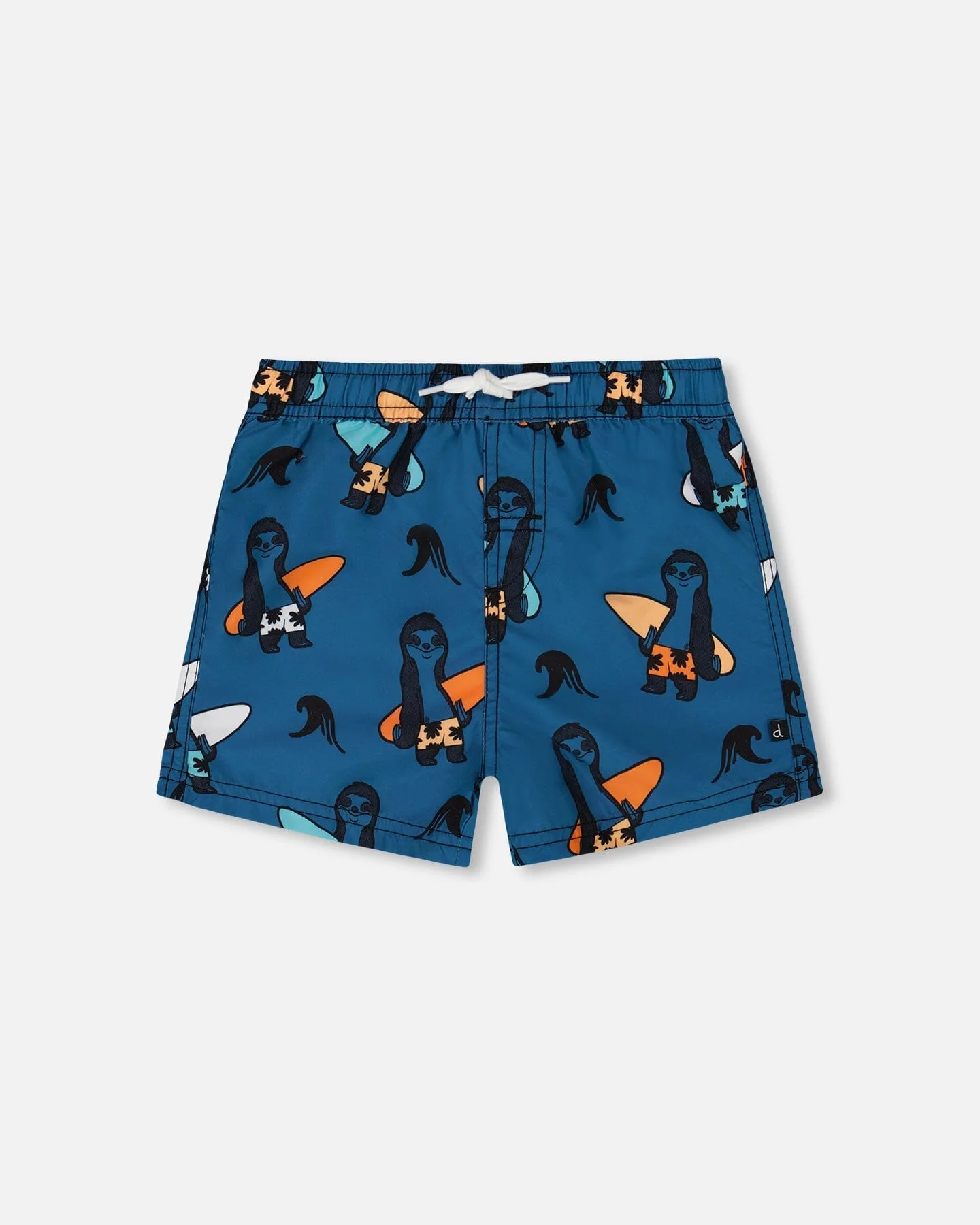 Printed Swim Trunks Orange Sloths On Navy Blue - Deux par Deux
