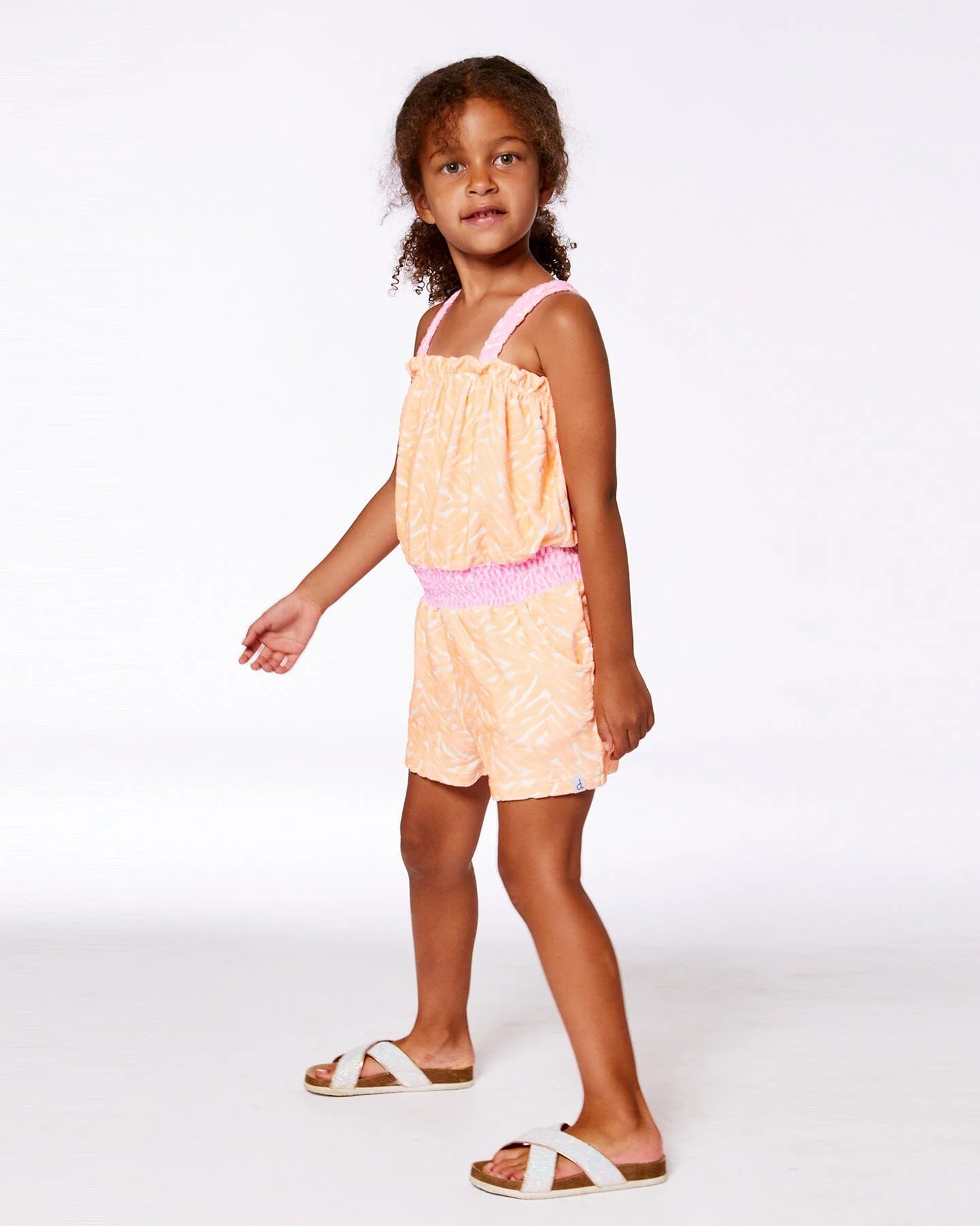 Printed Terry Cloth Romper Vibrant Orange And White - Deux par Deux