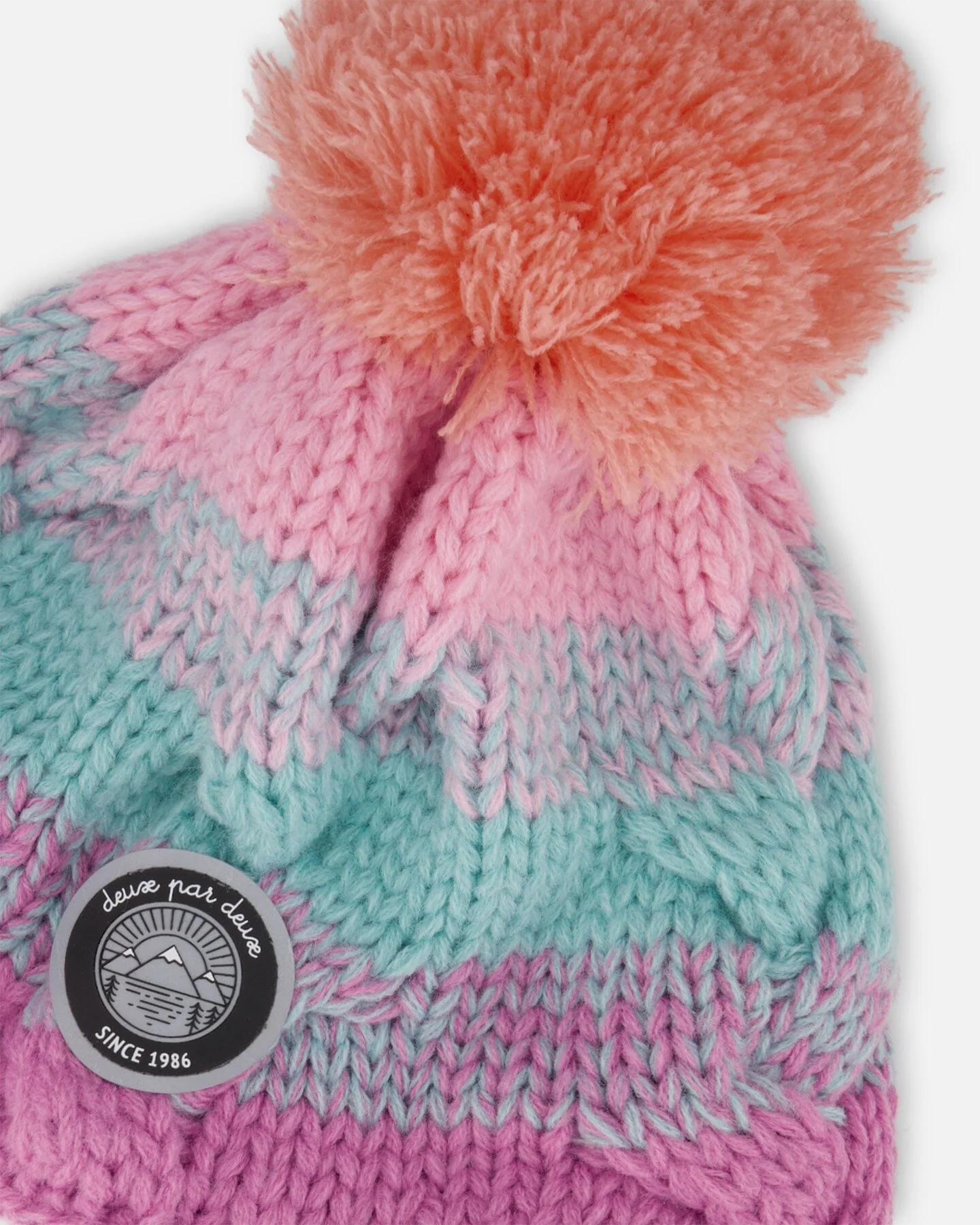 Lined Peruvian Knit Pompom Hat Pink, Orange And Turquoise - Deux par Deux