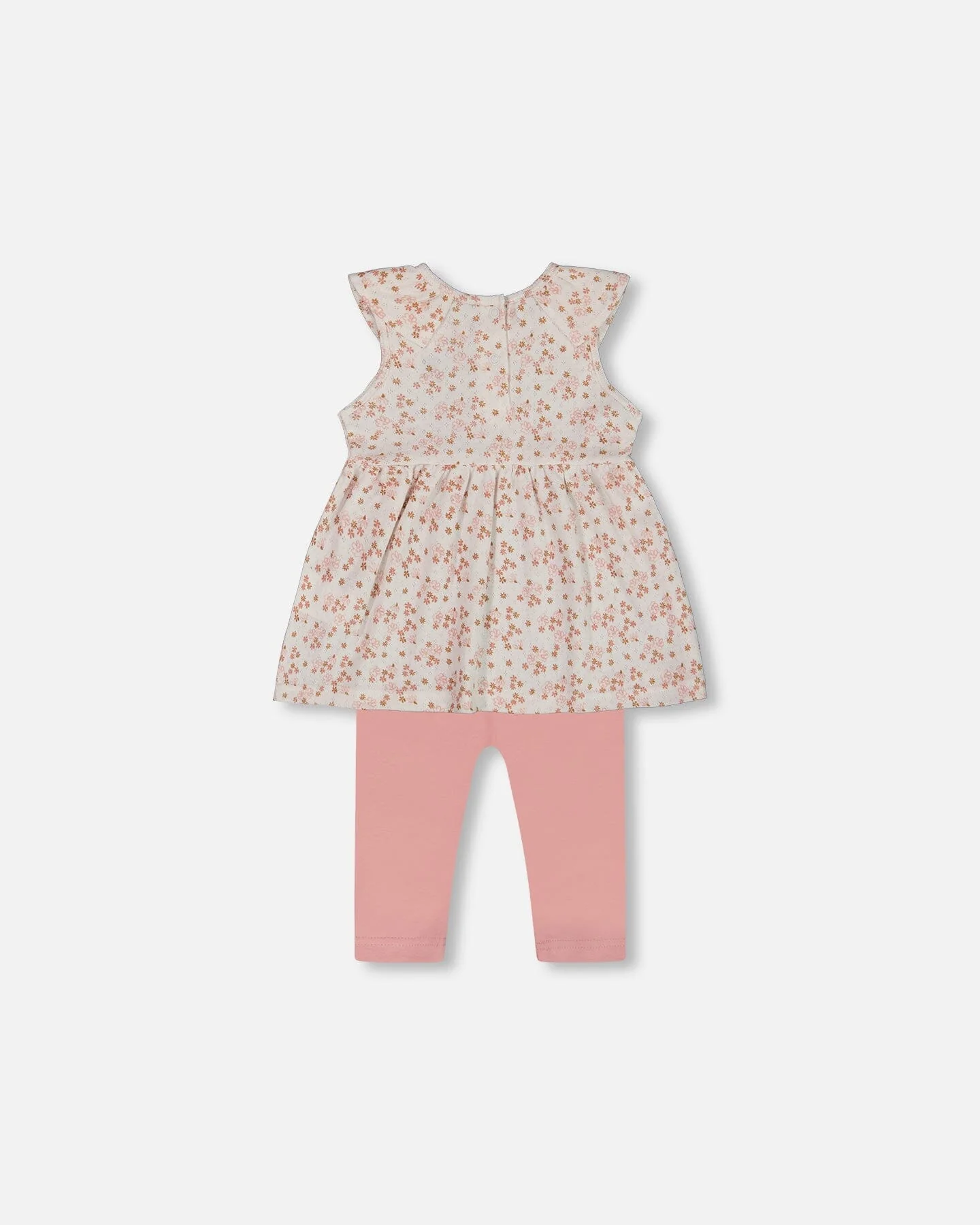 Printed Organic Cotton Tunic And Leggings Set White With Pink Flowers - Deux par Deux