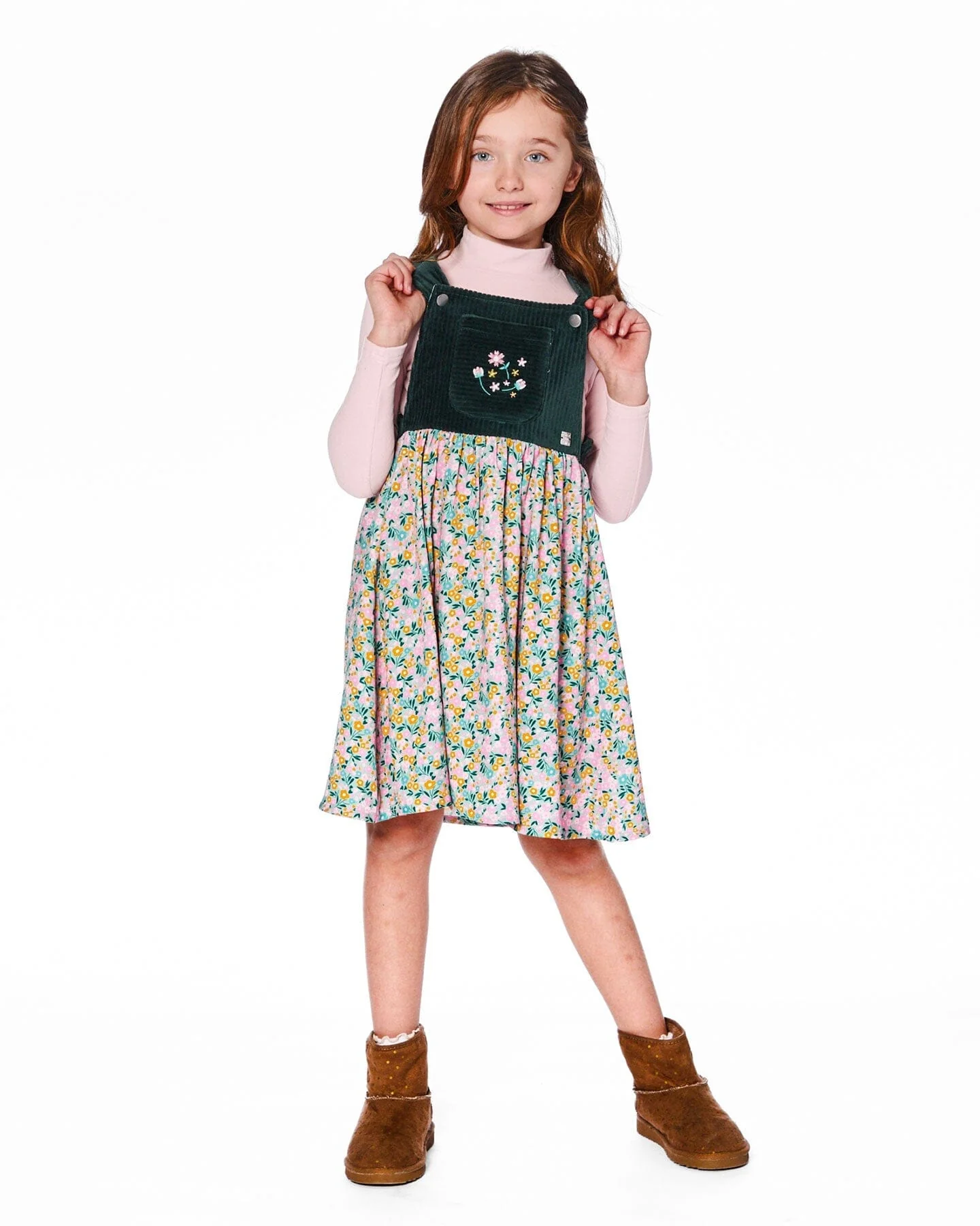 Bi-Material Overall Dress Green With Flower Print - Deux par Deux