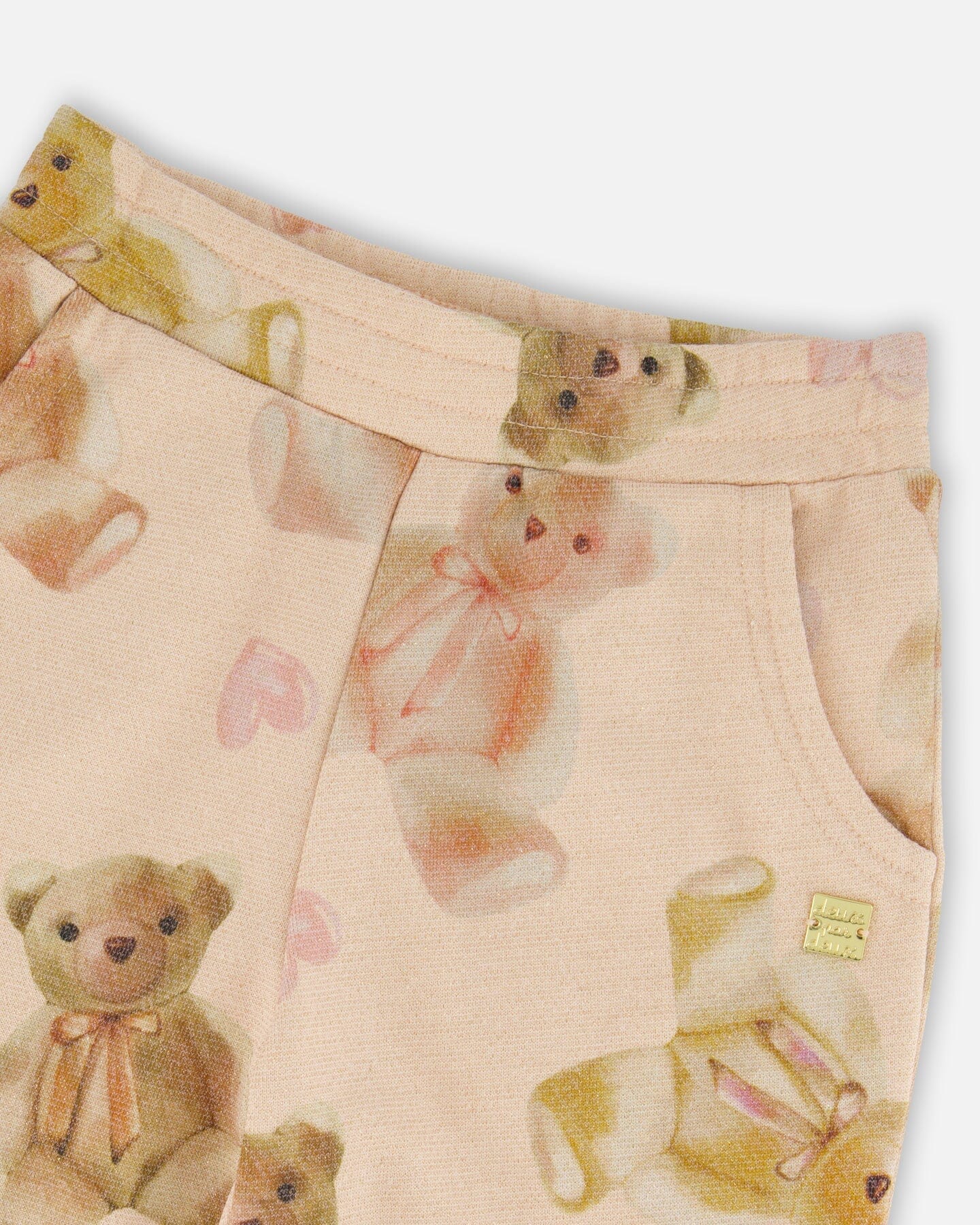 Glittering French Terry Sweatpants Beige Teddy Bear Print - Deux par Deux