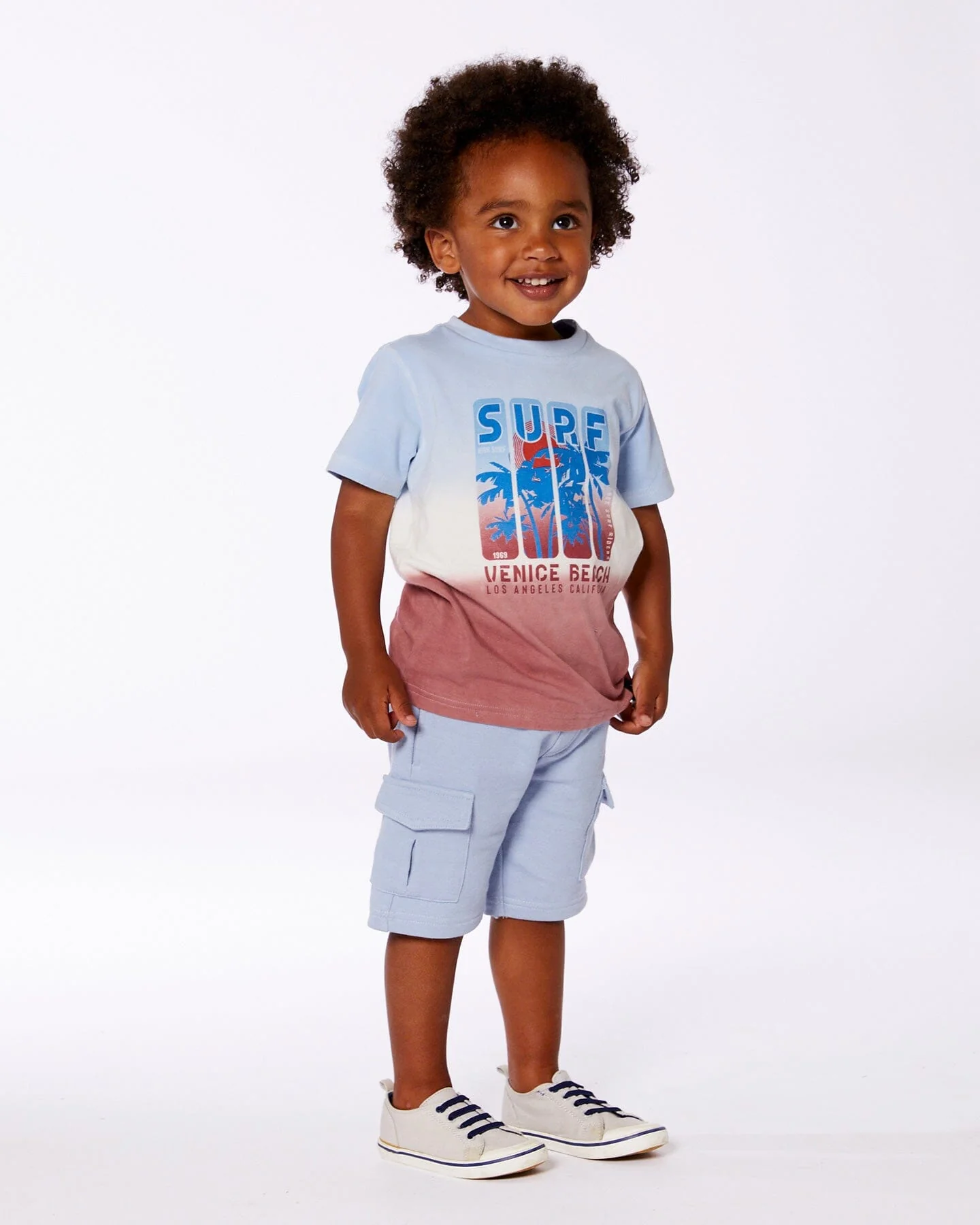 Short Sleeve Organic Cotton Graphic Tee Gradient Pale Blue And Dark Old Rose - Deux par Deux