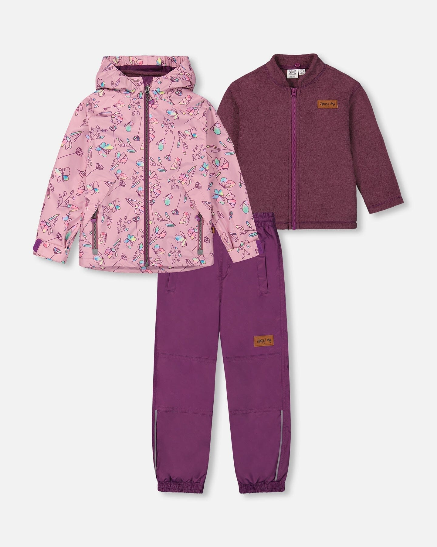 3-In-1 Mid-Season Outerwear Set With Printed Jacket Lilac And Multicolored Butterfly - Deux par Deux