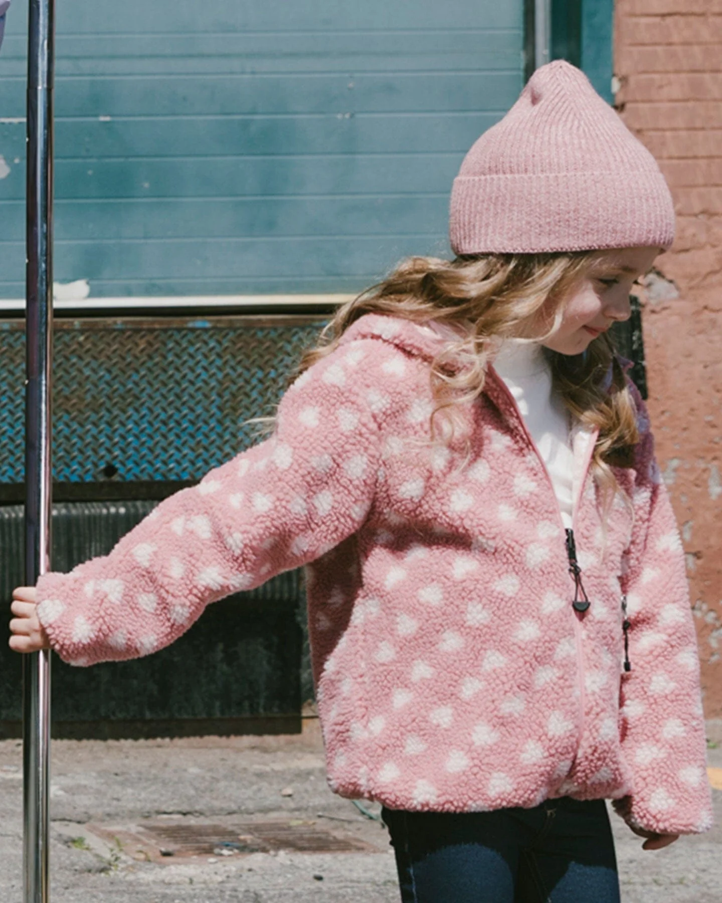 Reversible Mid-Season Sherpa Jacket Pink Heart - Deux par Deux