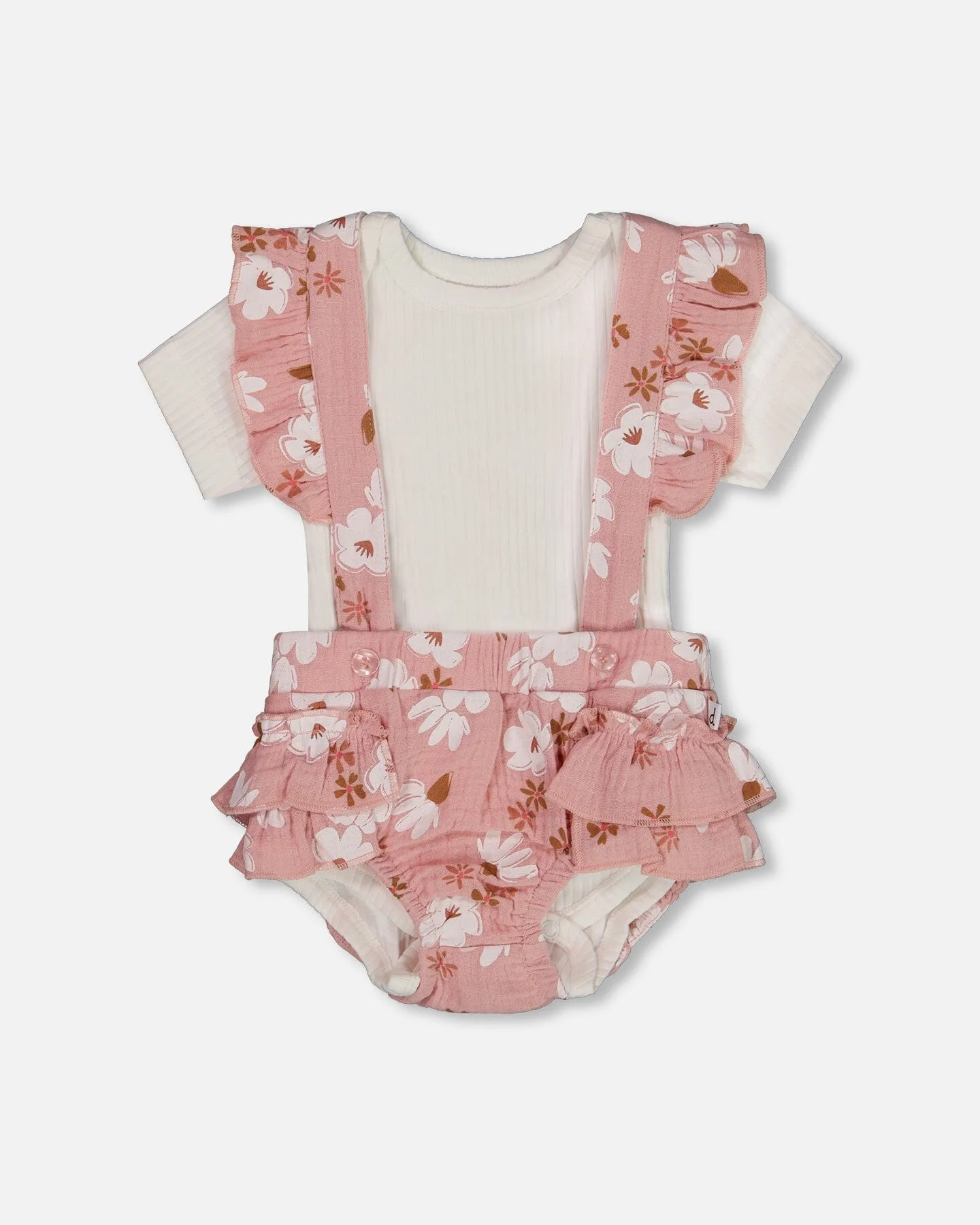 Printed Muslin Short And Organic Cotton Bodysuit Set Pink And White Flowers - Deux par Deux