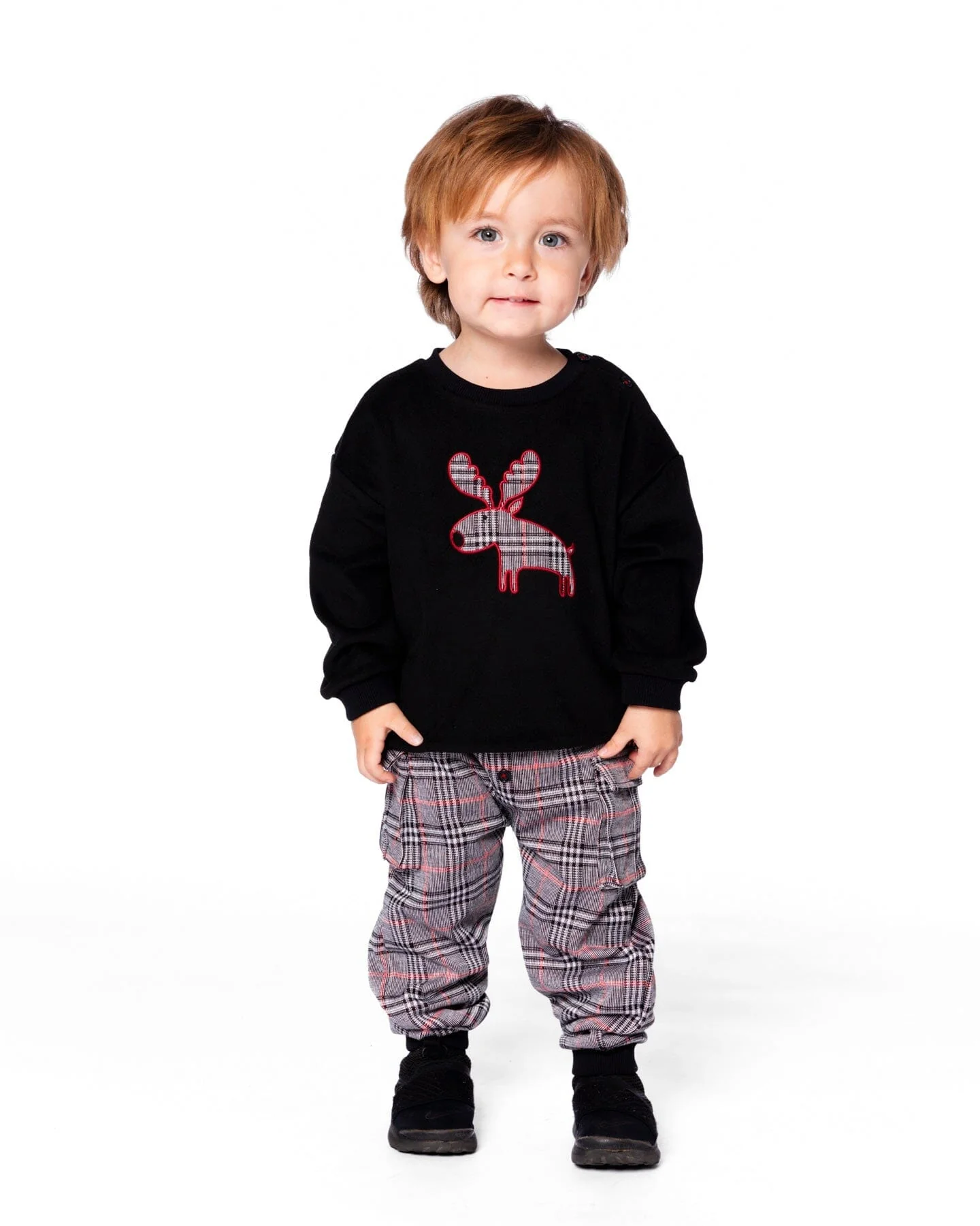Sweater And Cargo Pants Set Black With Moose Applique - Deux par Deux